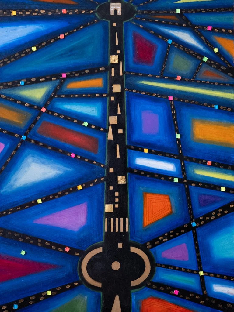 Champs Elysée, lumières de nuit, huile et mosaique sur bois, 60*80 cm, 2024