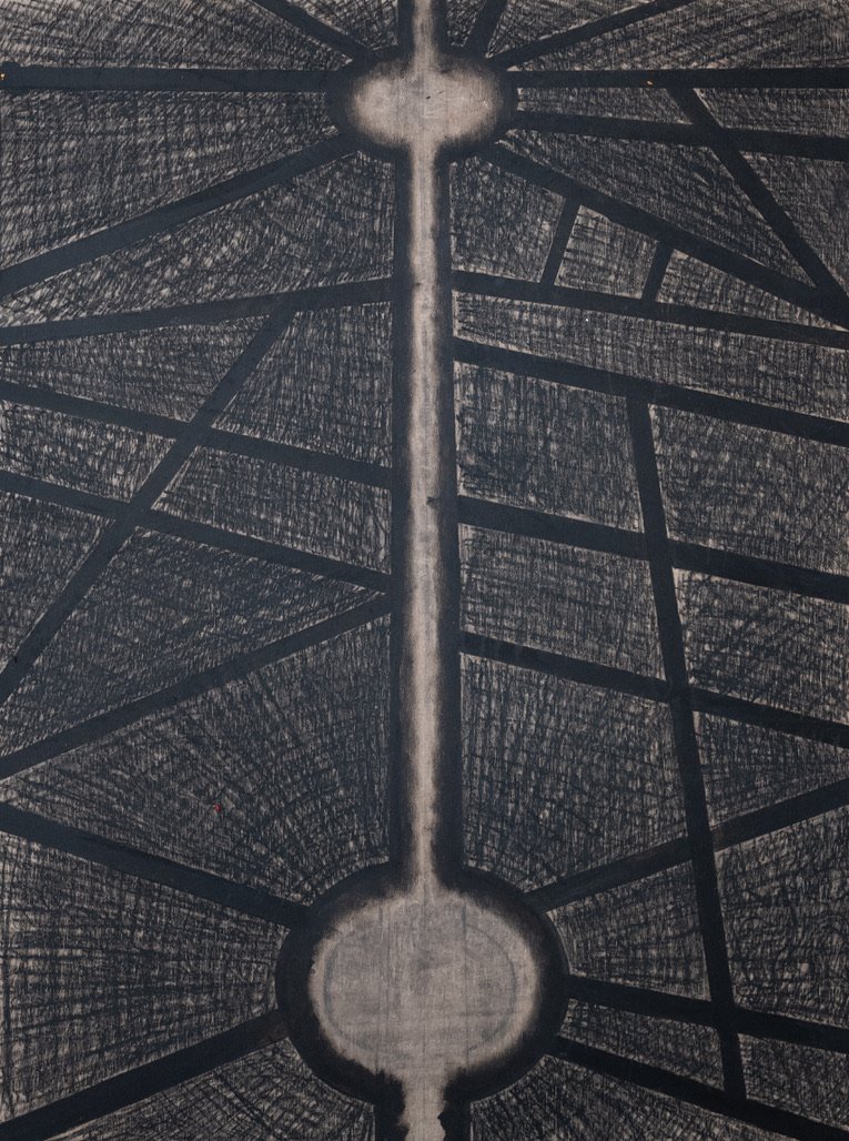 Champs Elysée, nuit sombre et triste, fusain et huile sur bois, 60*80cm, 2024