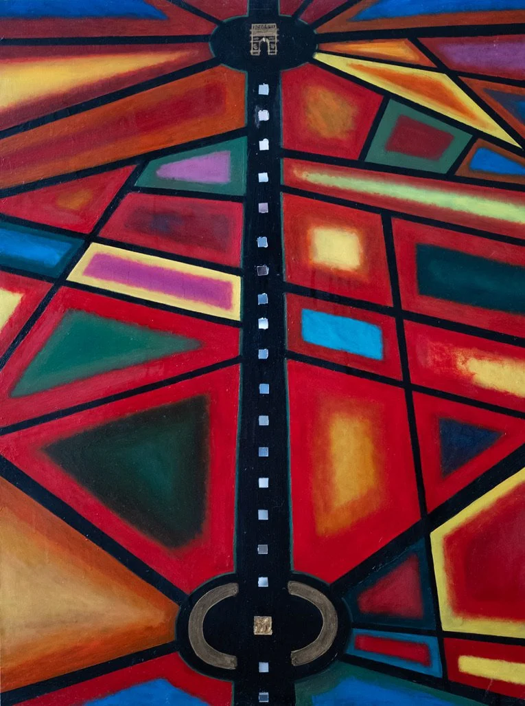 Champs Elysée, été chaud, huile et mosaique sur bois, 60*80 cm, 2024