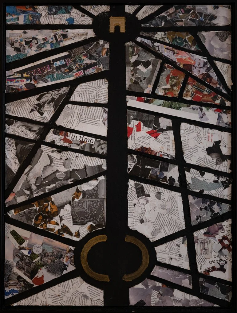 Champs Elysée, dans le chaos, Collage et huile sur bois 60*80 cm, 2024
