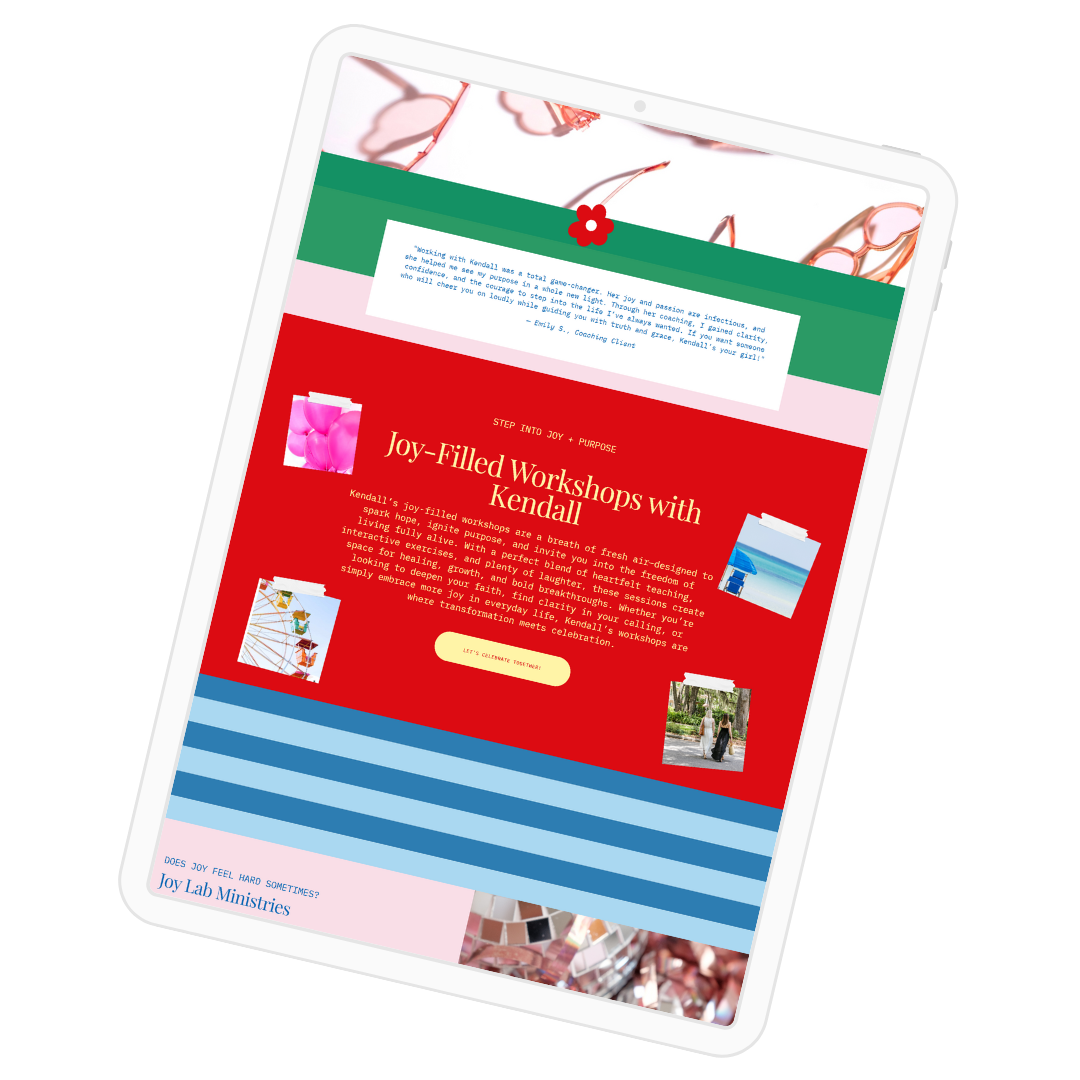 A tablet displaying a website about joy-filled workshops by Kendall created by Poppy & Flare with colorful sections including red, green, pink, blue and images of flowers, a Ferris wheel, and a person in nature.