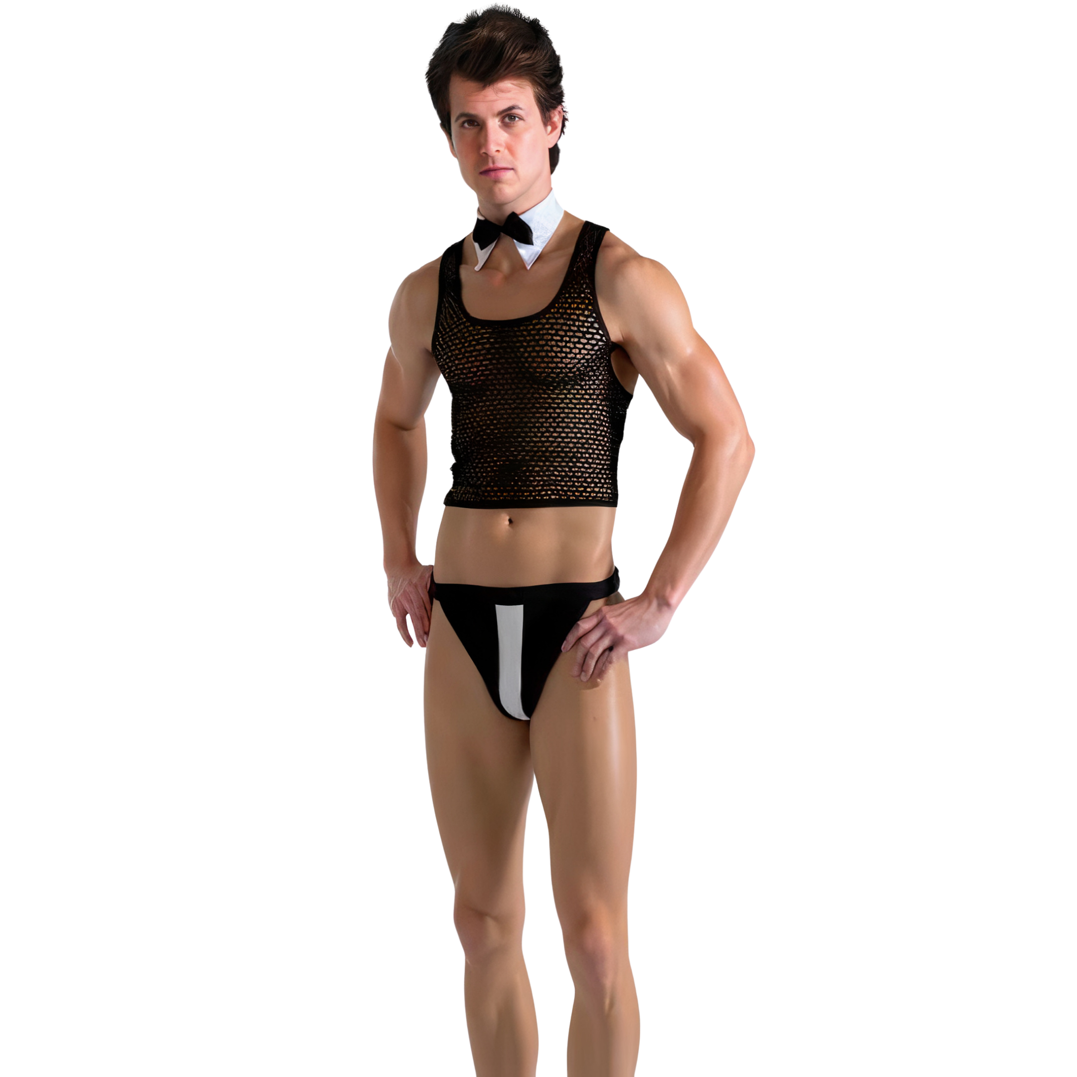 Men’s butler role‑play set — black mesh tank, bow‑tie collar and contrast thong, front view
