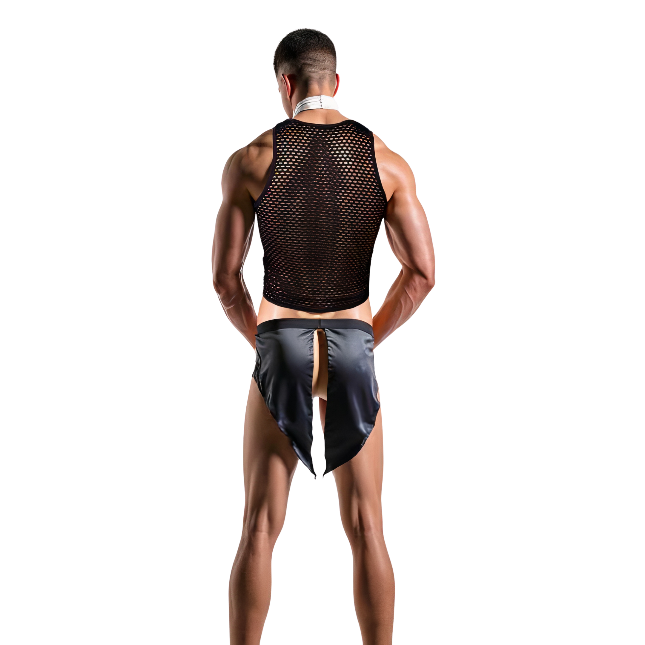 Men’s butler role‑play set — tail‑apron back with mesh tank and thong, rear view