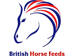 Logo for British Horse Feeds featuring a stylized horse head with red and blue flowing mane and text.