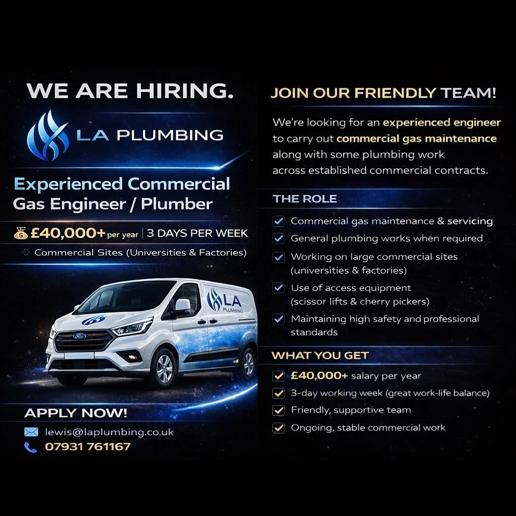 Experienced Commercial Gas Engineer / Plumber required to join LA Plumbing, working across established commercial sites. 

&pound;40,000+ per year
3 days per week
Commercial sites &amp; other plumbing work 

Join a friendly, growing team at LA Plumbi
