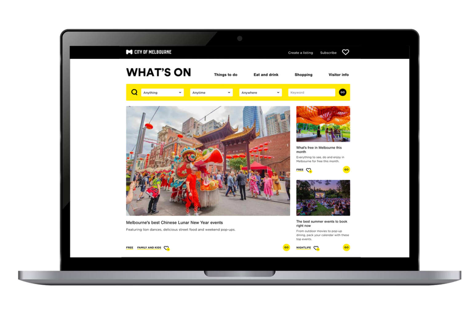 Laptop showing the homepage of Whats On Melbourne, a website with events, food and culture.