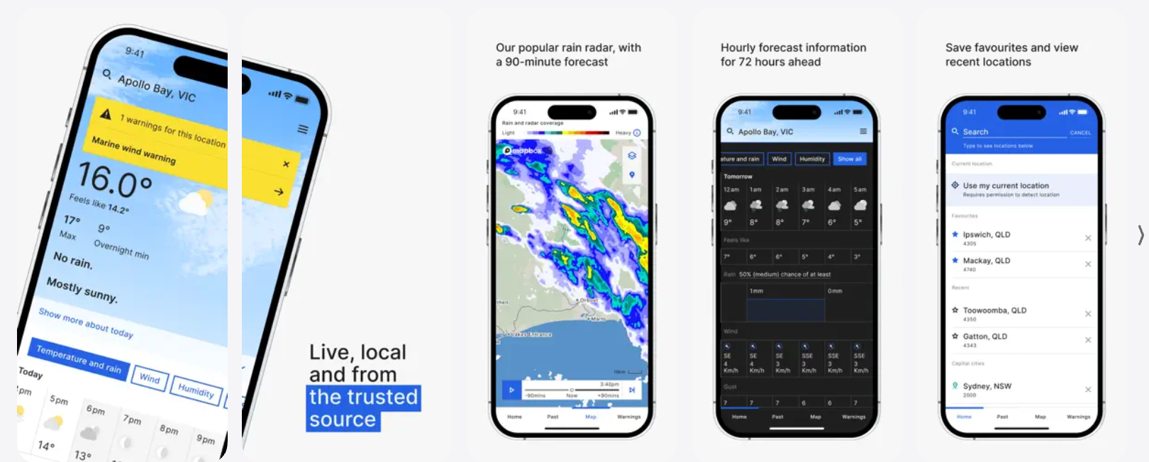 Screenshots of a weather app showing rain radar, hourly forecast, saved locations, and current weather in Apollo Bay, VIC.