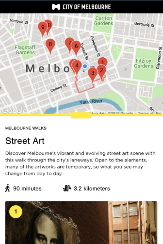 Map of Melbourne with numbered locations for street art tour, includes surrounding parks and the Yarra River.