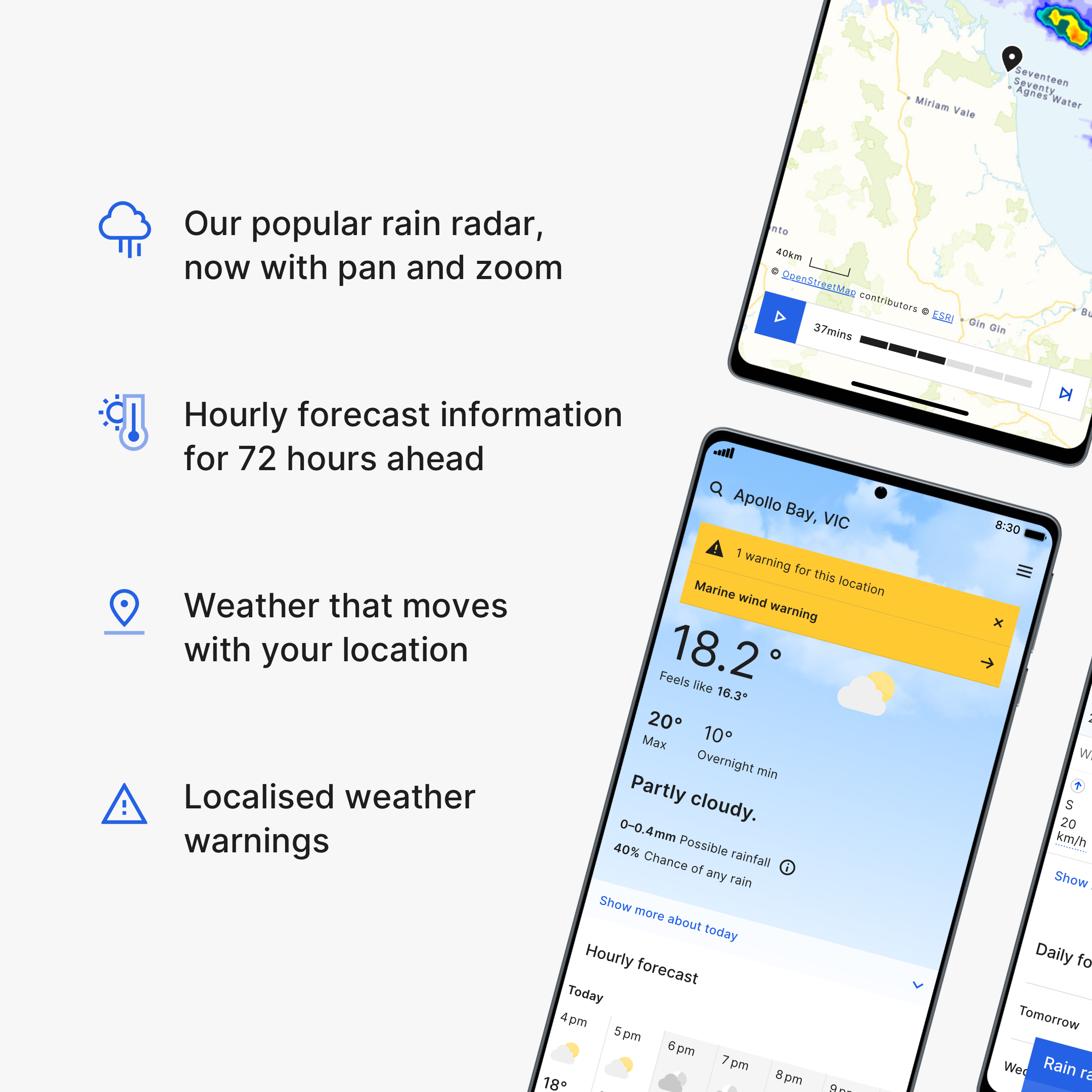 A weather app interface showing weather information for Apollo Bay, VIC, with warnings about marine wind and rainfall, a temperature of 18.2°C, partly cloudy sky, and hourly forecast.