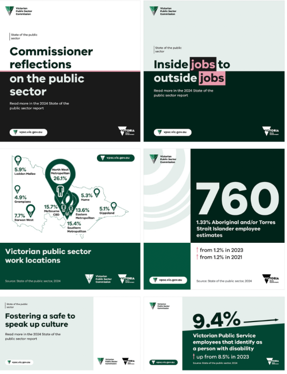 A sample of infographics showing different insights from the 2024 People matter survey and workforce data collection.
