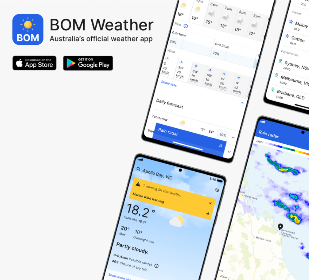 Screenshots of weather apps displaying weather forecasts, radar maps, and warnings for locations including Egypt, Australia, and Victoria, showing temperatures, rain, wind, and weather warnings.