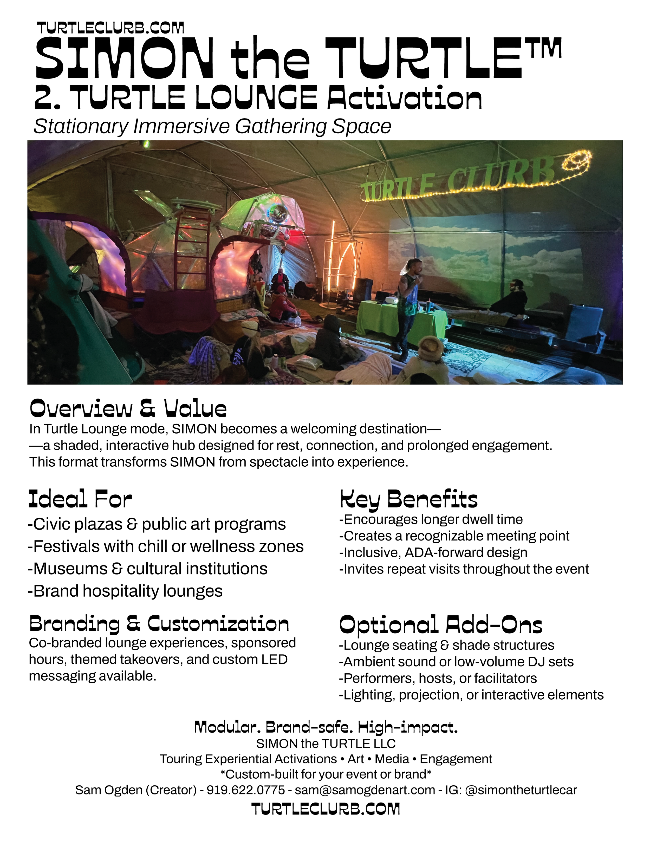 Flyer for Simon the Turtle at Turtle Lounge, showing an indoor event space with children and adults, colorful lights, and a turtle-themed decoration. The flyer promotes a stationary immersive gathering space with event details, benefits, and branding