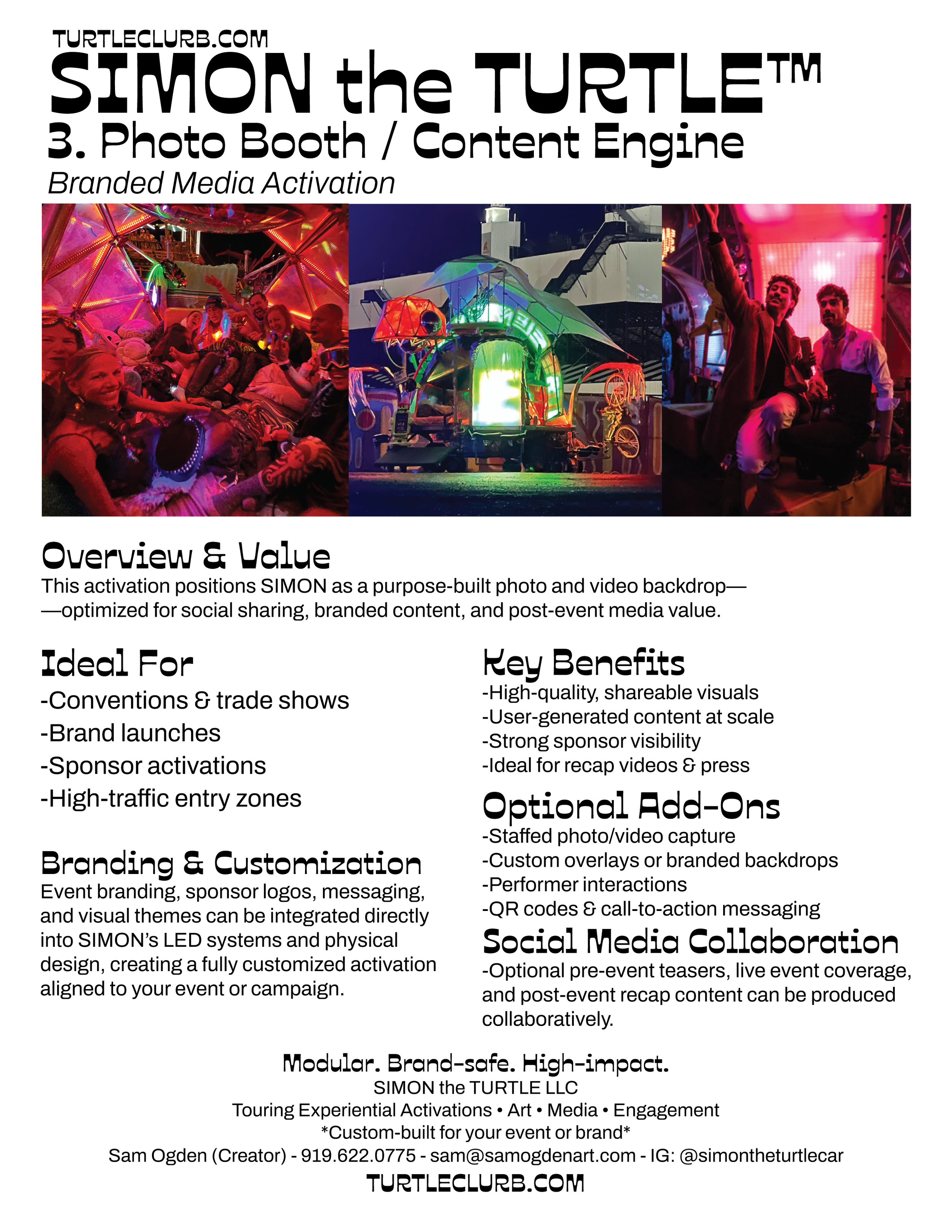 Promotional flyer for SIMON the TURTLE photo booth and content engine, with three photos of a colorful, illuminated, futuristic-looking structure at night, and people enjoying the event.