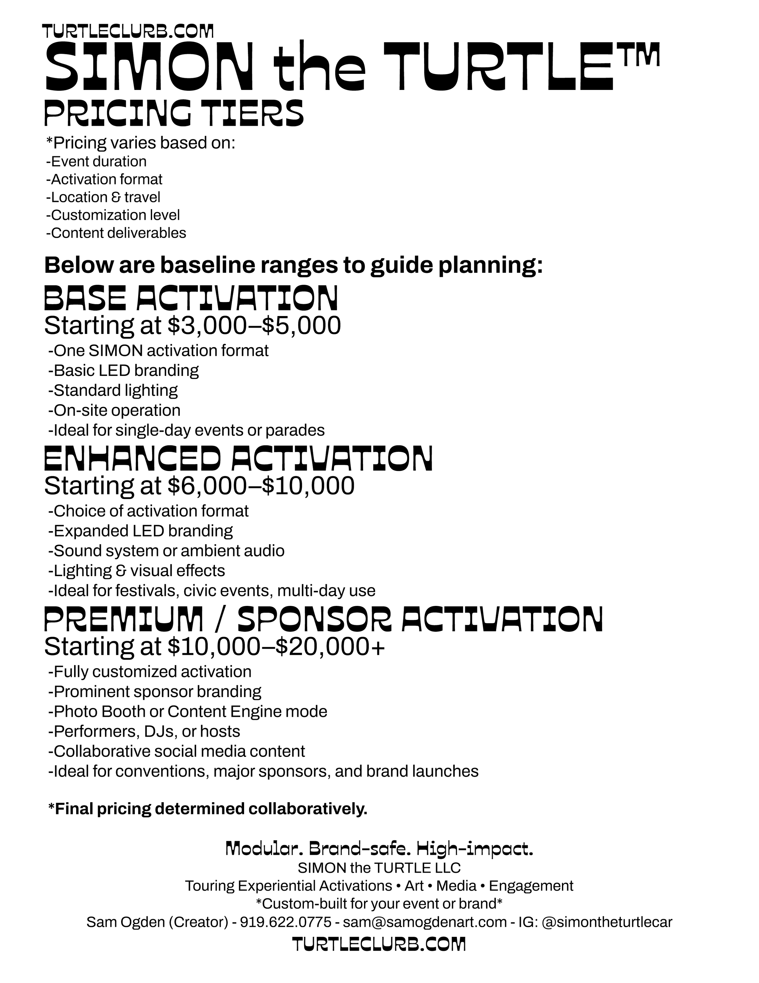Price list for Simon the Turtle activation tiers, including base activation, enhanced activation, and premium/sponsor activation, with details on pricing and features.