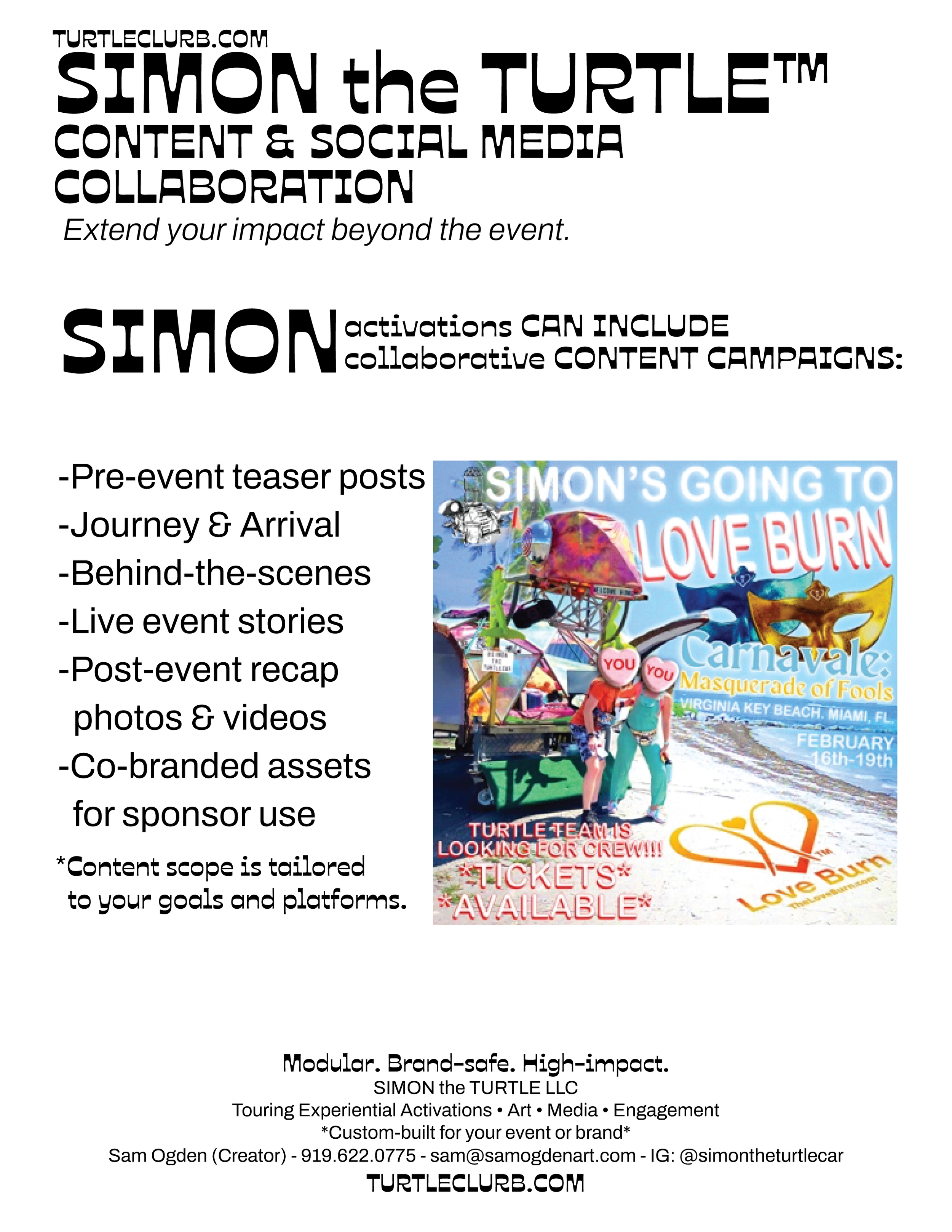 Poster recruitment flyer for SIMON the TURTLE content and social media collaboration, featuring event details, campaign examples, and contact information.