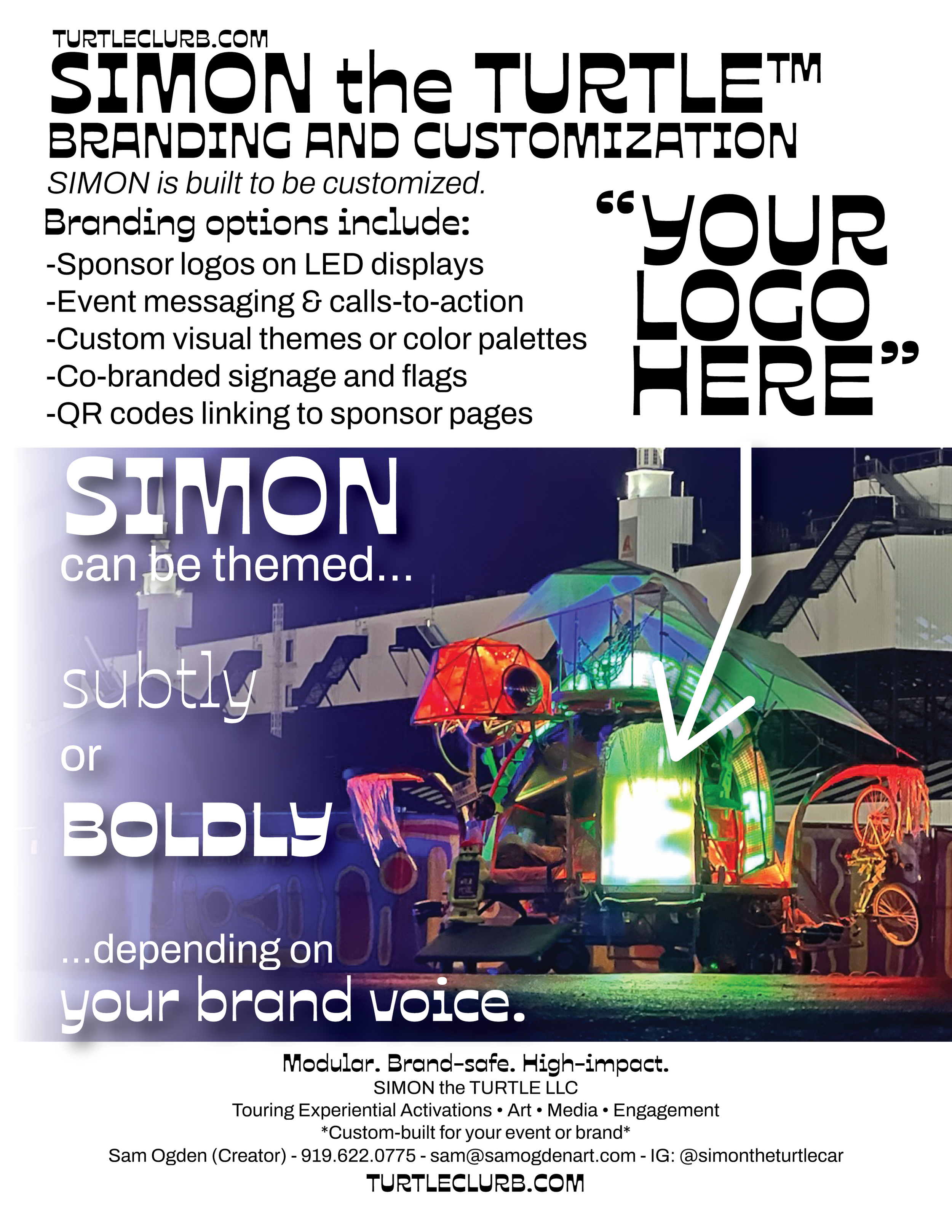An advertisement for SIMON the TURTLE branding and customization options, including sponsor logos, event messaging, visual themes, signage, and QR codes. The image shows a colorful, illuminated eco-friendly vehicle or art installation at night, with 