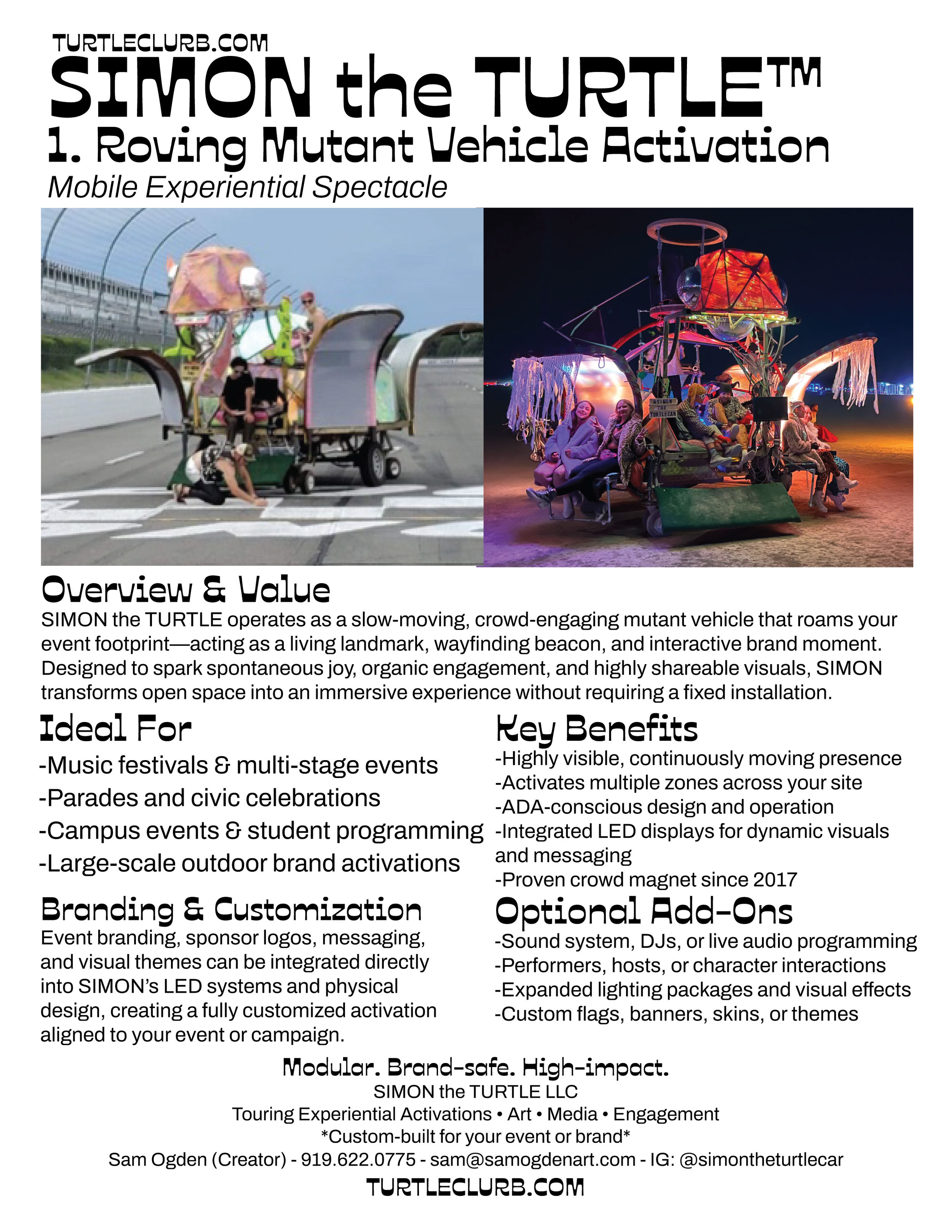 Flyer for SIMON the TURTLE, an interactive mobile vehicle for events, showing before-and-after photos of a turtle-shaped vehicle at an event site, with people on the vehicle at night.