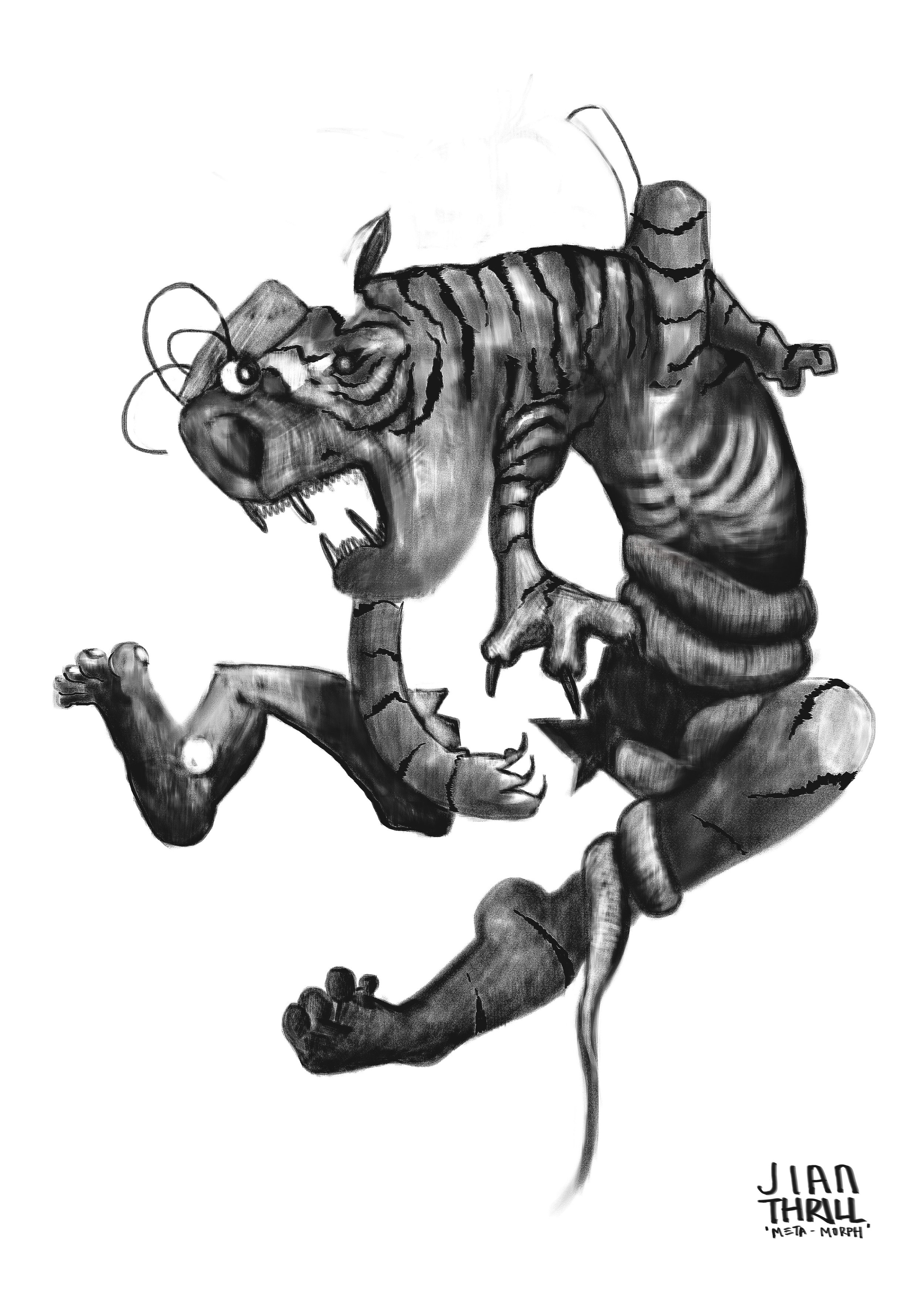 'A Single Mother's Fight' 2022 - This series of six black & white drawings etched with Jian's signature disfiguration depicts Jian's relationship with a single-mother. Capturing a time of battle, protection & transformation.