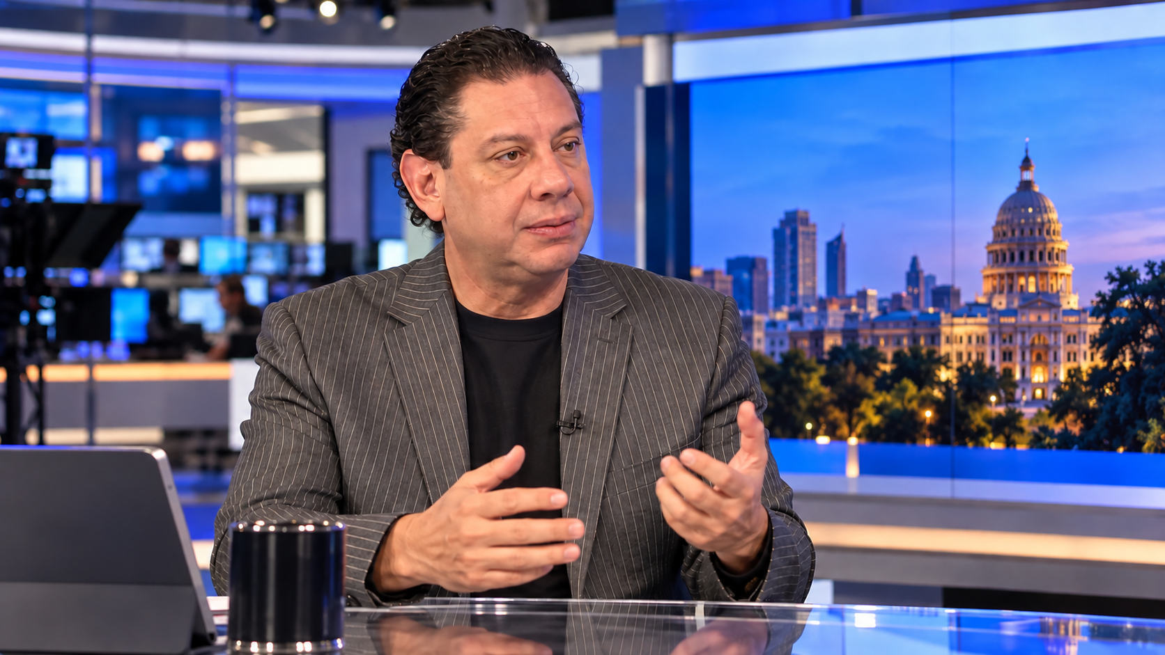 A man in a pinstripe suit sitting in a TV studio with a backdrop of the Austin, Texas state capitol building and city skyline during dusk.