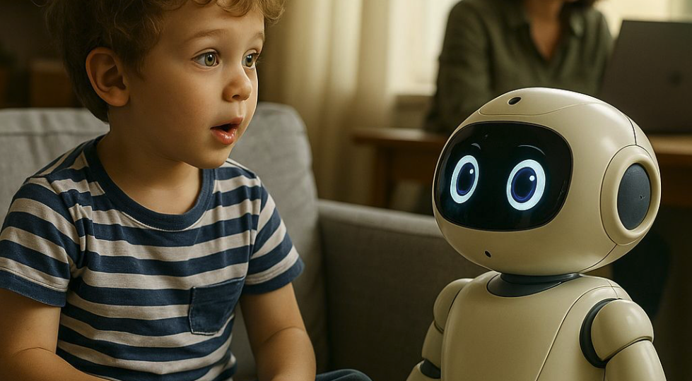 A young boy with curly hair in a striped shirt looking surprised at a robot with a rounded head and glowing eyes indoors.