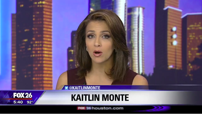 News anchor Kaitlin Monte reporting on FOX 26 Houston with a city skyline background.