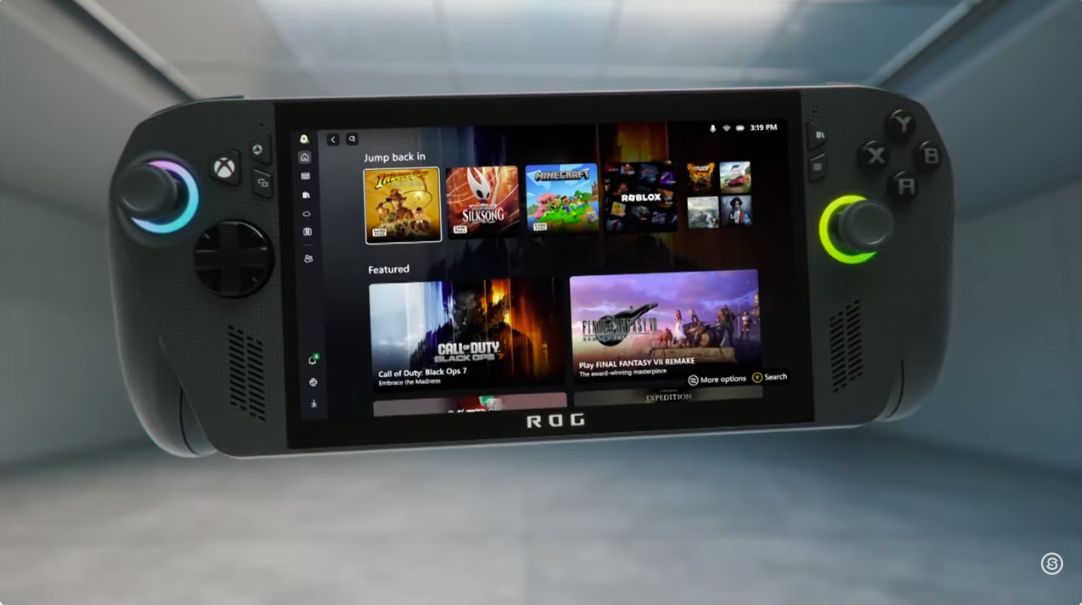 A handheld gaming device , Asus ROG Ally X, displaying a game menu, with a selection of popular video games including 'Call of Duty' and 'Final Fantasy VII REMAKE'.