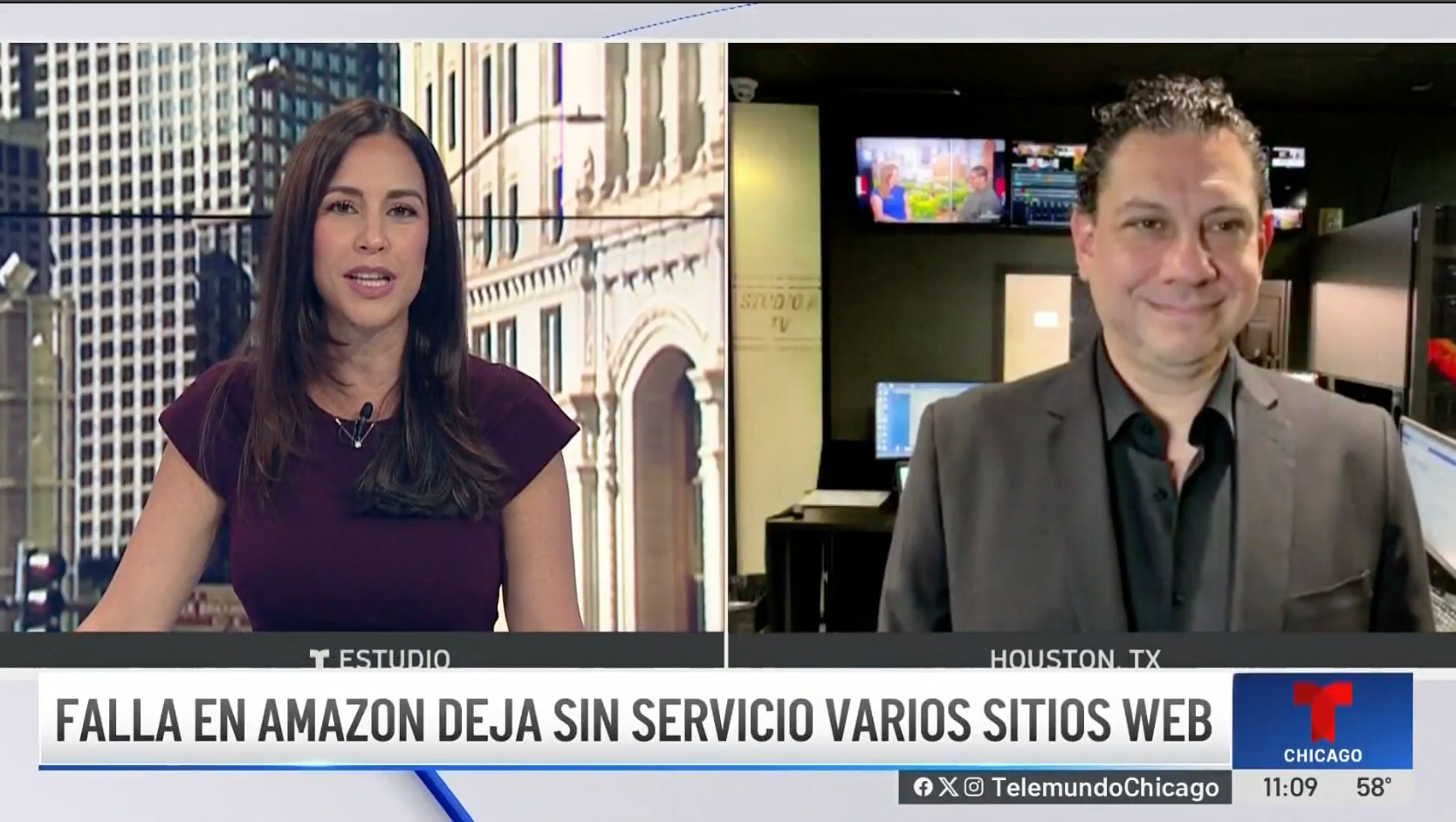 Television news segment with a female news anchor in a studio on the left and a male guest in a control room on the right. The news ticker at the bottom reads 'FALLA EN AMAZON DEJA SIN SERVICIO VARIOS SITIOS WEB' with the Telemundo logo and time 11:09, temperature 58°F.