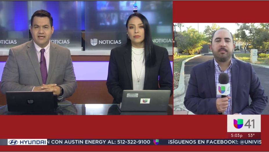 A split-screen news broadcast featuring two news anchors inside a studio on the left, and a male field reporter outdoors holding a microphone on the right.