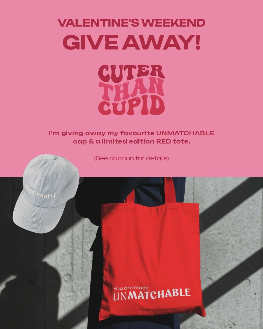 VALENTINE&rsquo;S WEEKEND GIVEAWAY ❤️

Win my favourite UNMATCHABLE cap + a LIMITED EDITION red tote (once it&rsquo;s gone, it&rsquo;s gone).

How to enter:
✔ Follow @made_unmatchable
✔ Like this post
✔ Comment below what makes you uniquely unmatchab