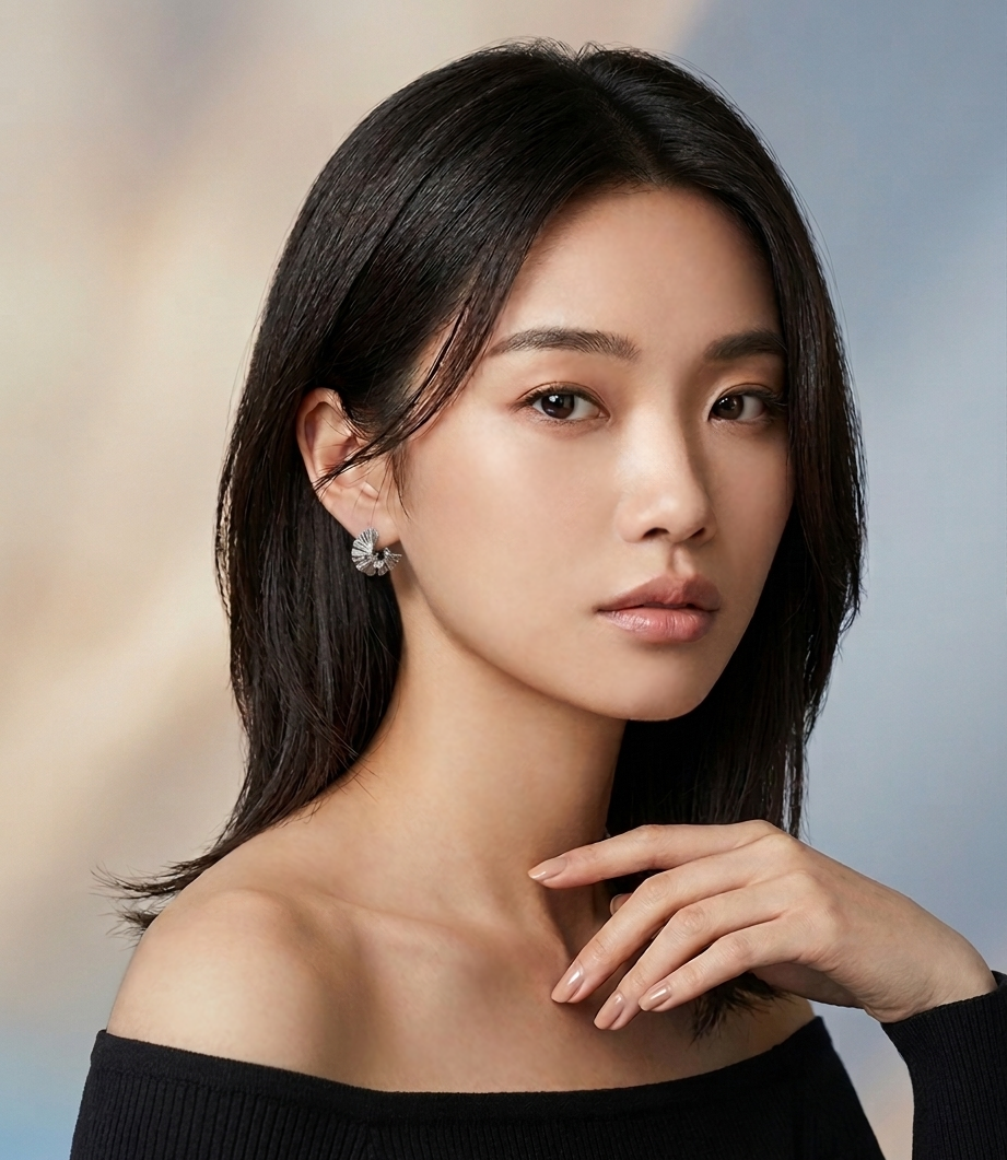 A young woman with shoulder-length dark hair wearing a black off-the-shoulder top and silver earrings, posing against a neutral background.
