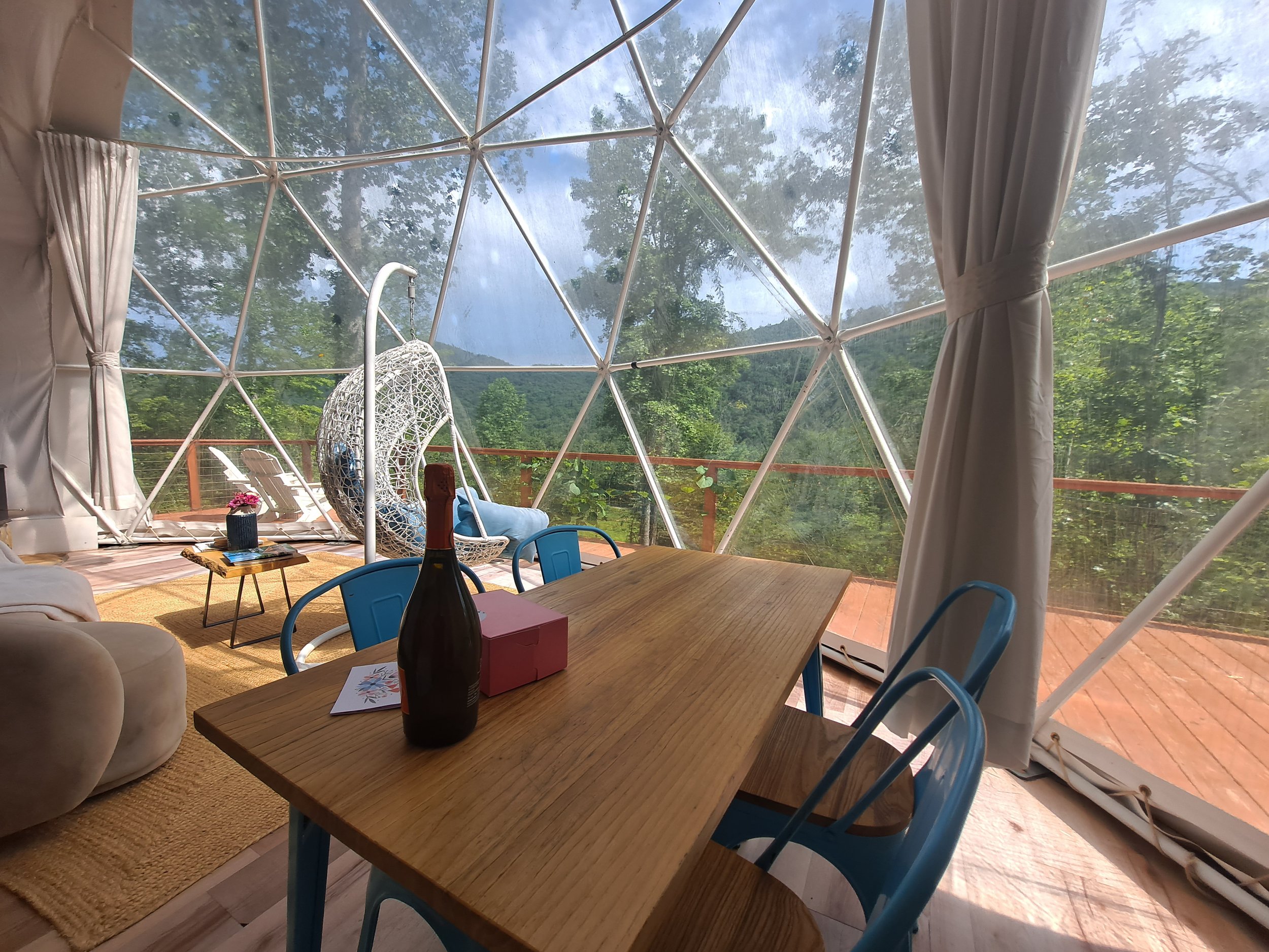 Interior of a geodesic dome with a wooden dining table, blue chairs, a large bottle of wine, a pink gift box, a small table with a flower arrangement, a hanging chair, and an outdoor deck with a scenic view of trees and mountains.