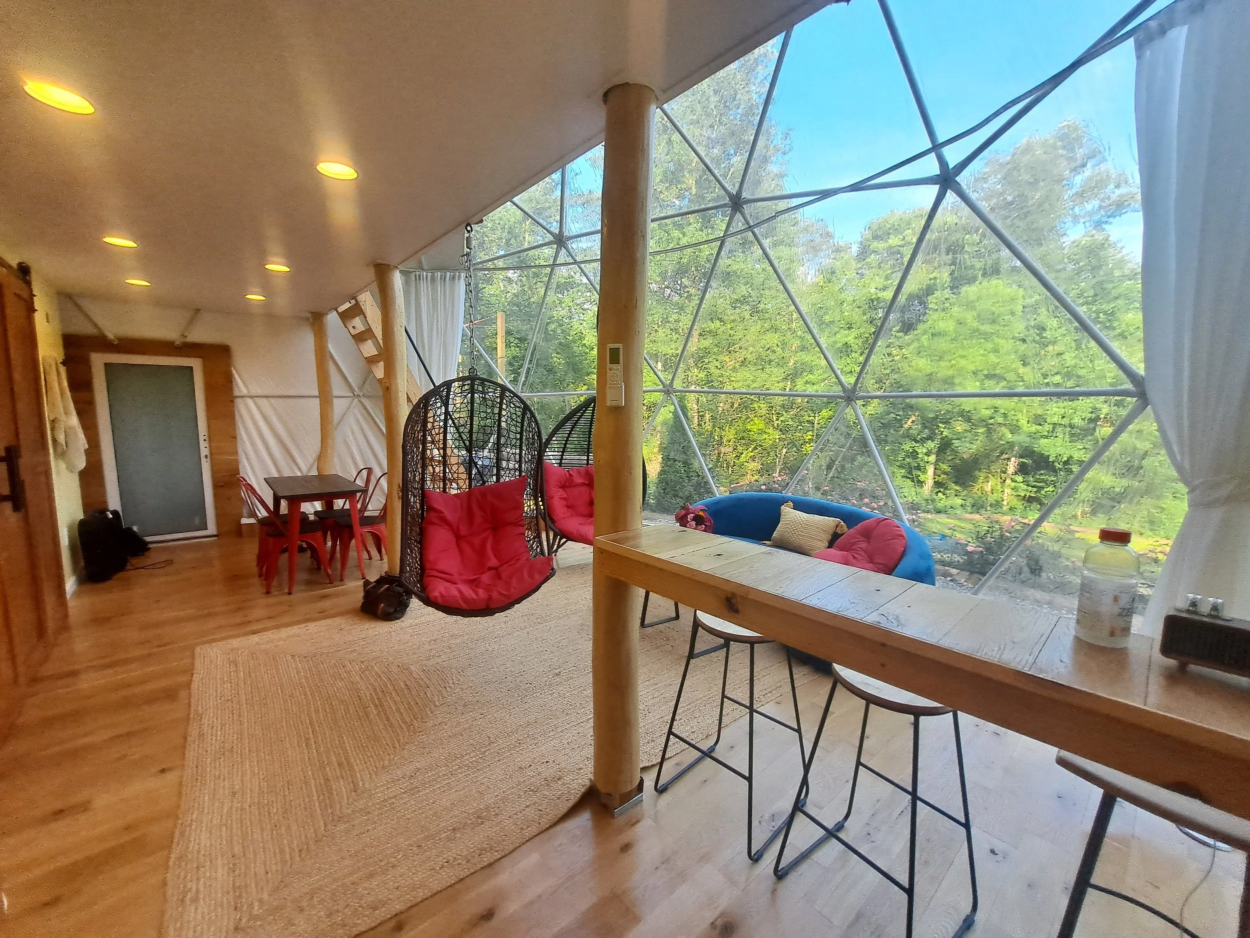 Interior of a cozy dome-shaped cabin with large geodesic windows overlooking a green forest, featuring a wooden dining area, hanging egg chairs with cushions, and a sitting area with a curved sofa and pillows.