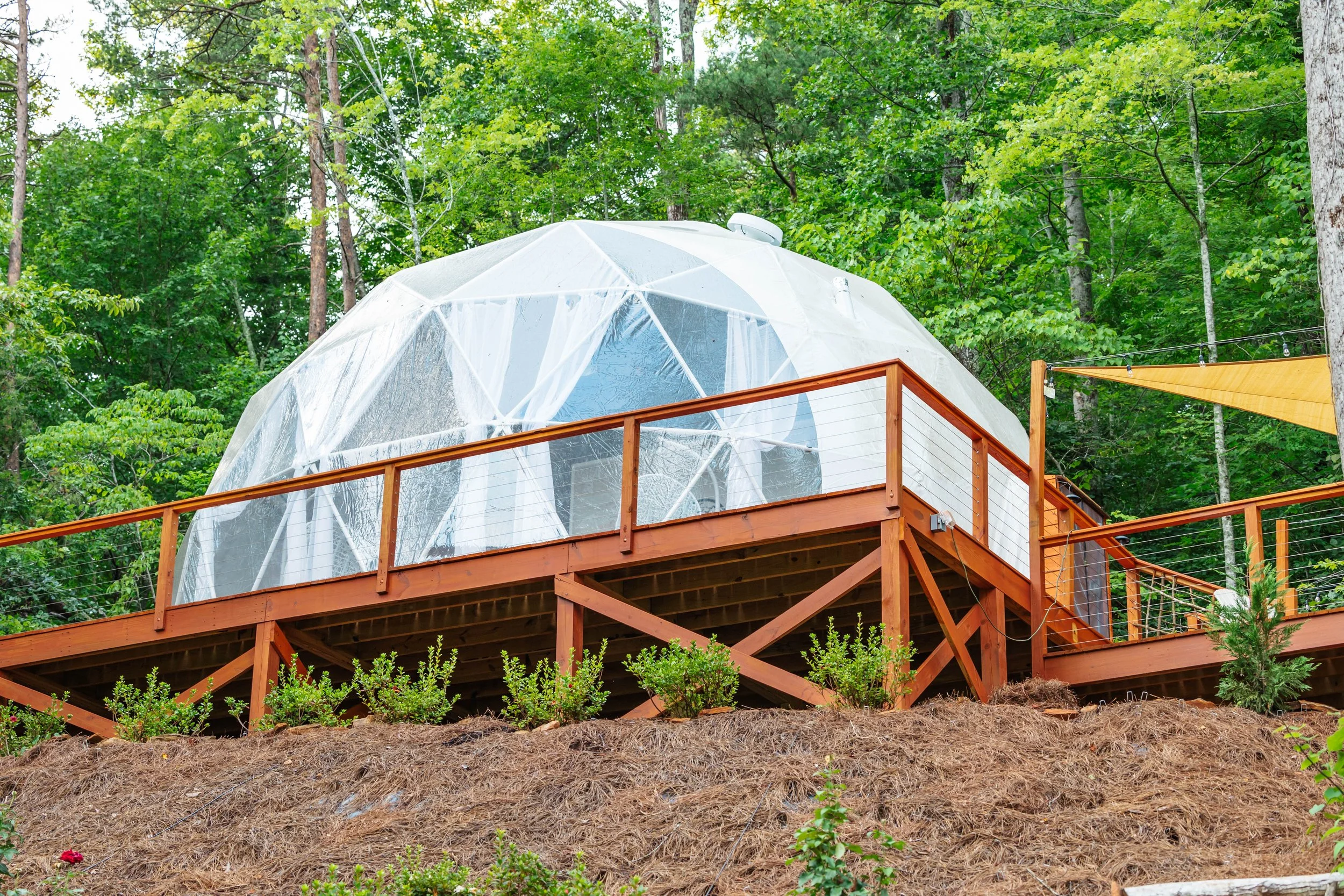 A glass geodesic dome house on a wooden deck in a wooded area.