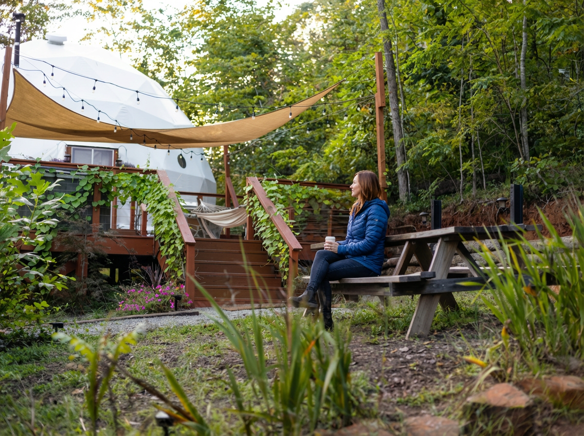 A woman with brown hair in a blue jacket and jeans sitting on a wooden bench in a garden, holding a white mug, surrounded by green plants and trees, with a deck and hammock in the background.