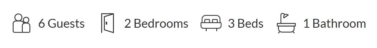Icons indicating 6 guests, 2 bedrooms, 3 beds, and 1 bathroom.