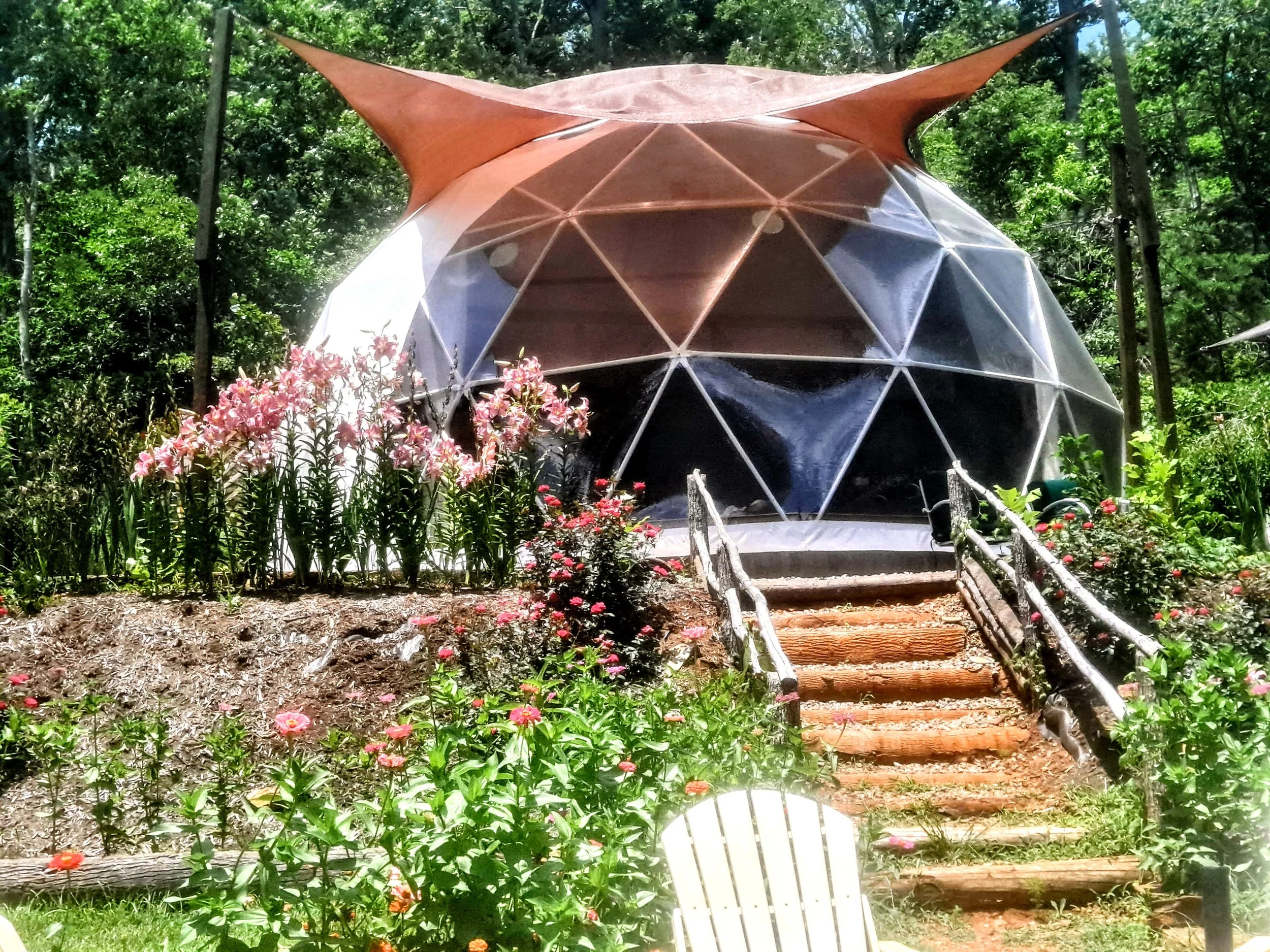 A geodesic dome structure with a fabric canopy on top, surrounded by flowering plants and trees, with a small wooden stairway leading up to the entrance.