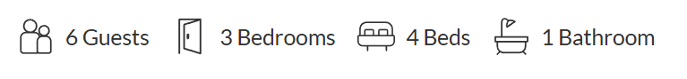 Icons indicating 6 guests, 3 bedrooms, 4 beds, and 1 bathroom.