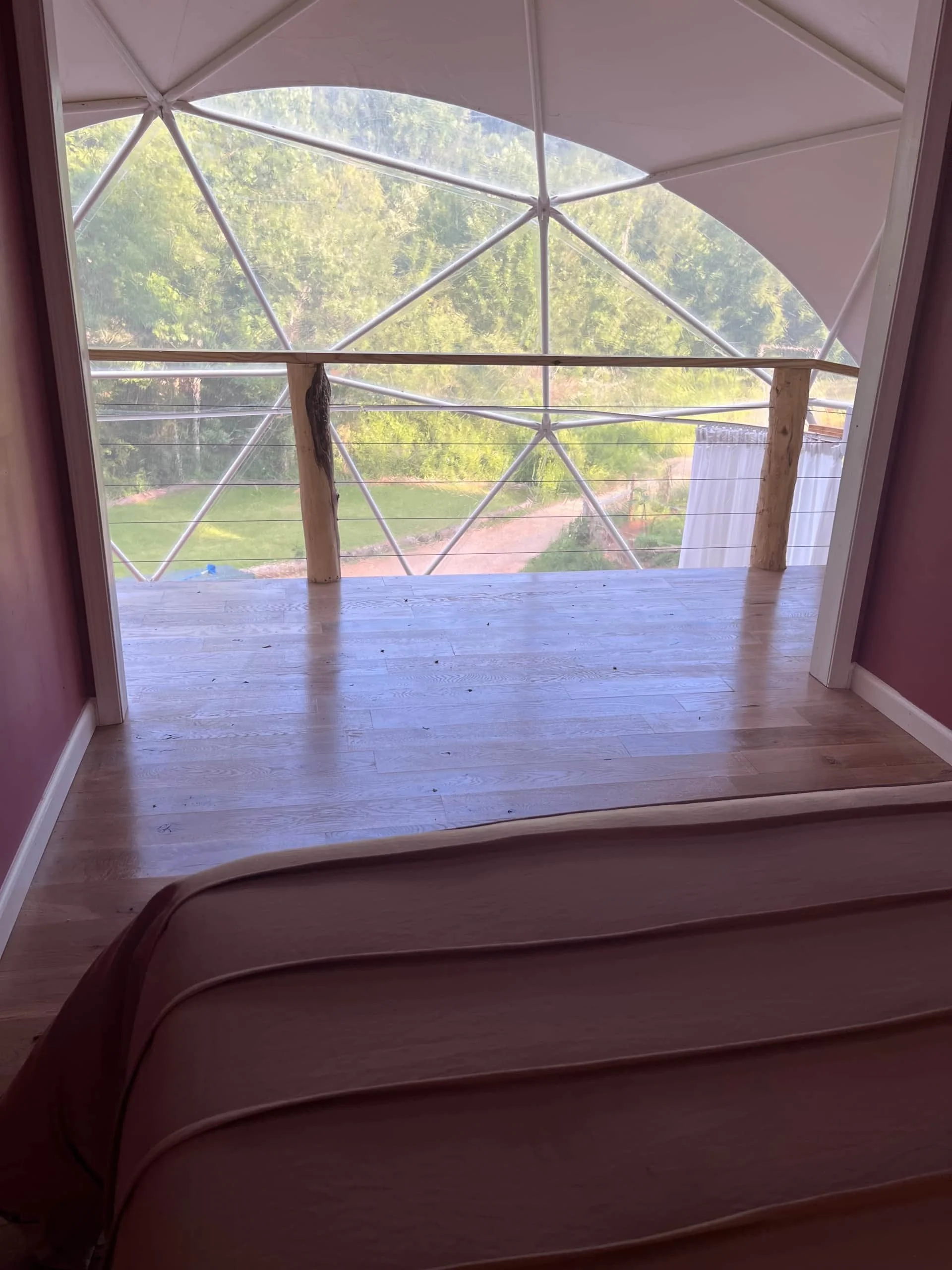 View from inside a house looking out a screened-in porch, with unfinished wooden support posts, wood flooring, and a large geodesic dome structure outside with trees and a dirt path.