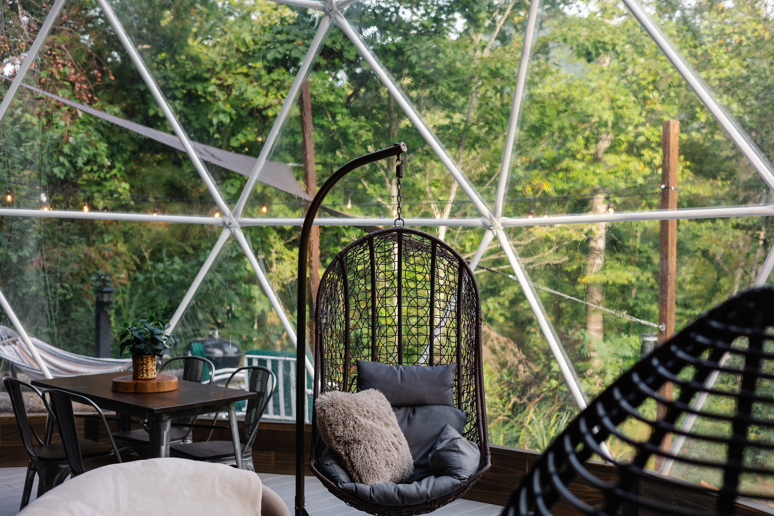 Interior of a geodesic dome with a hanging egg-shaped wicker chair with cushions, a black outdoor dining table with four chairs, and greenery visible through the transparent walls.