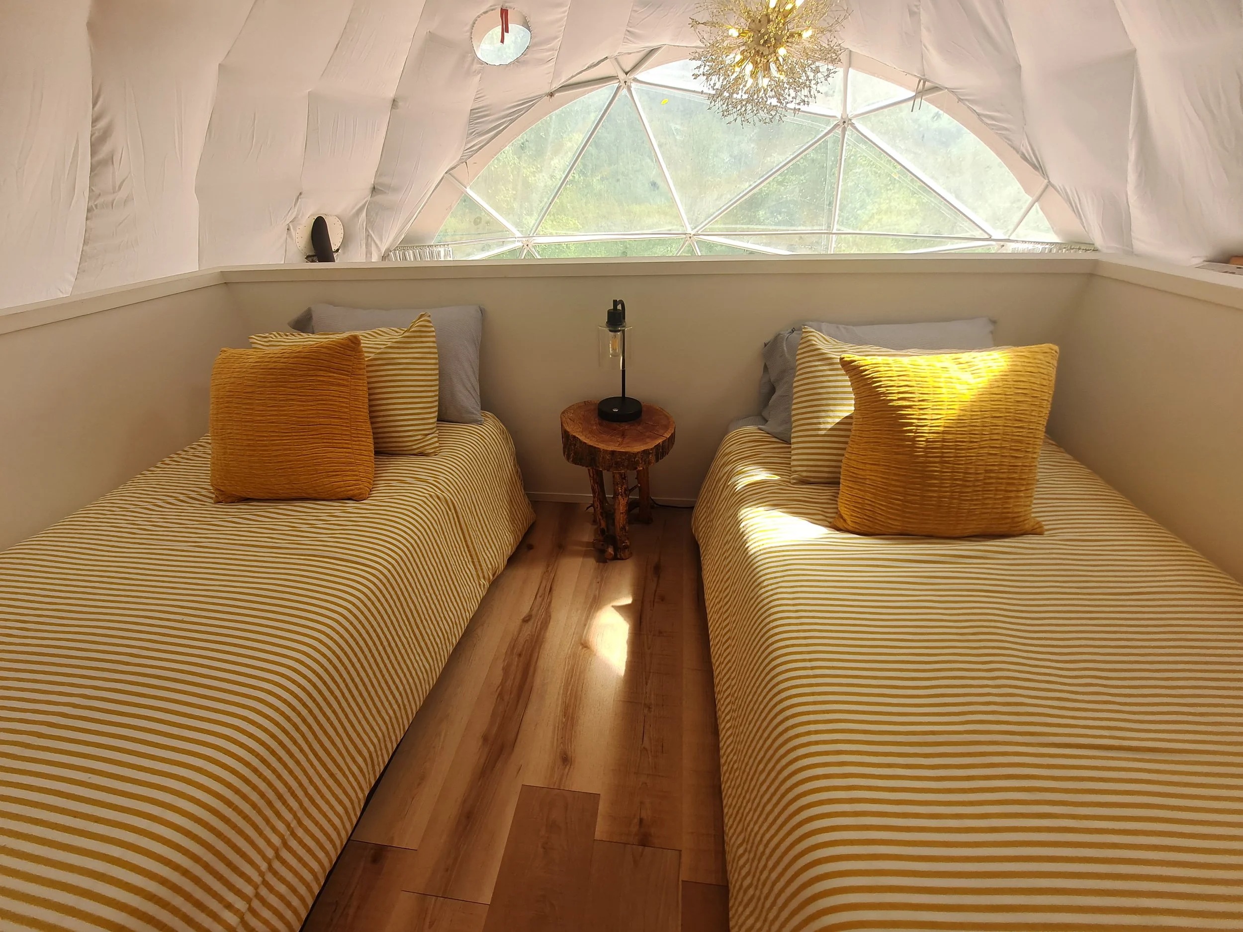 Two twin beds with yellow-striped bedding and pillows, separated by a rustic wooden nightstand with a small lamp, inside a cozy geodesic dome with a large window showing greenery outside.