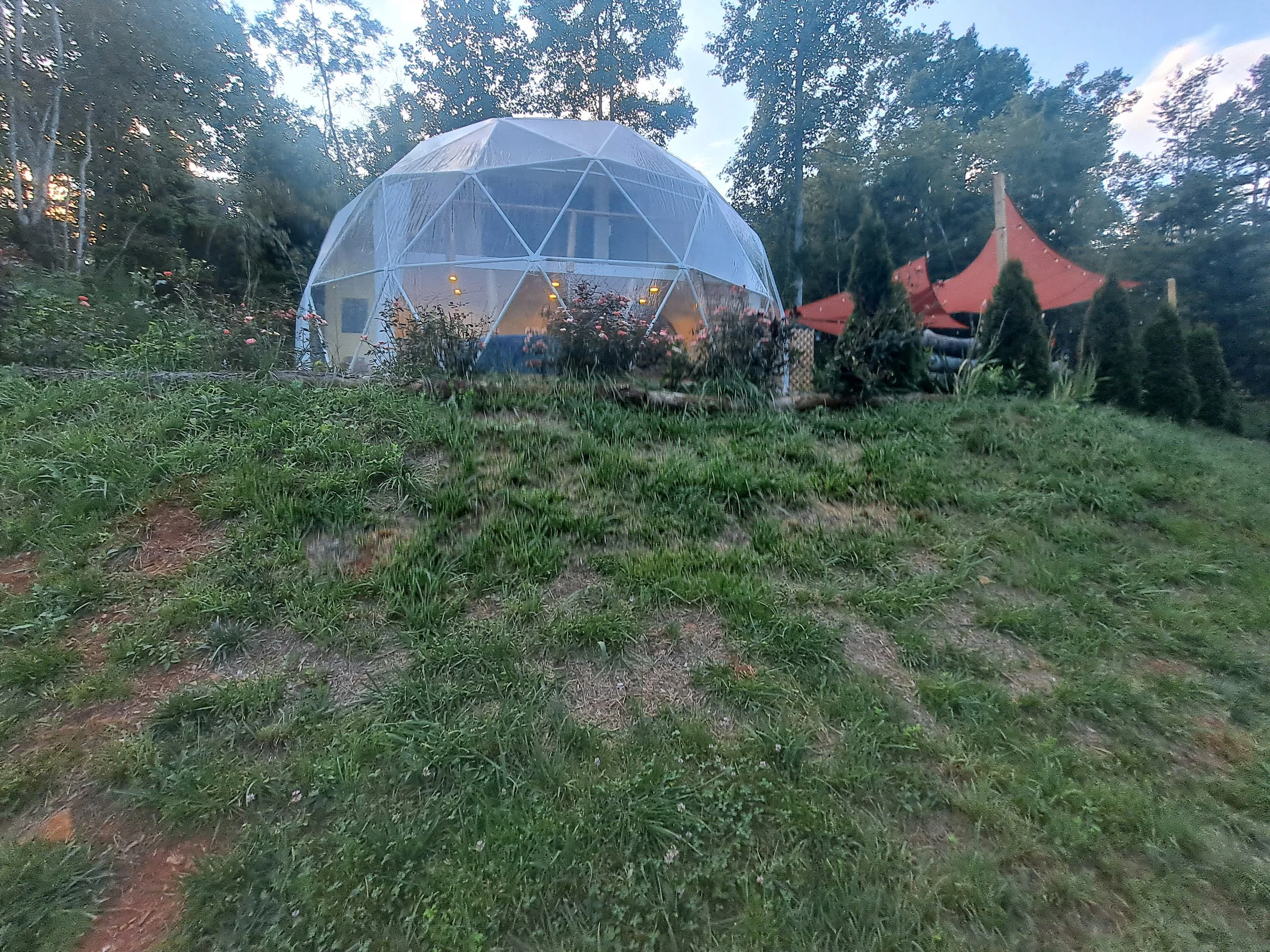 A geodesic dome tent with transparent panels sits on a grassy hill, with a red tent and trees in the background, during twilight.