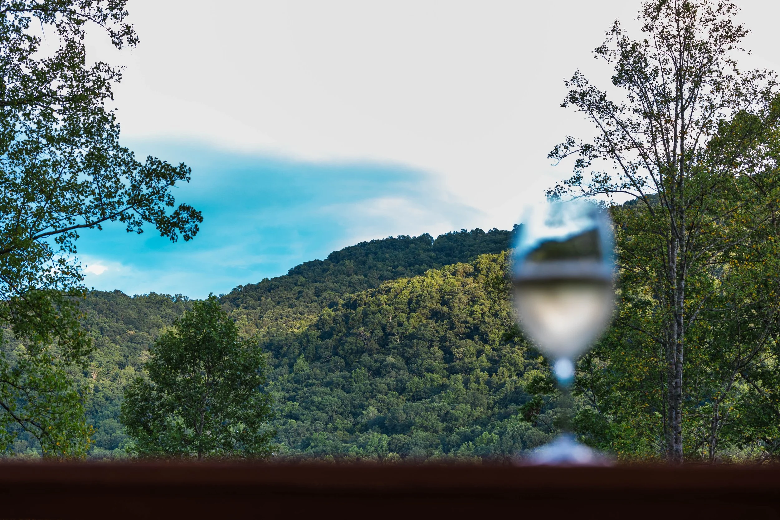 A blurred glass of white wine in the foreground with a scenic view of green trees and a hill under a blue sky with clouds in the background.