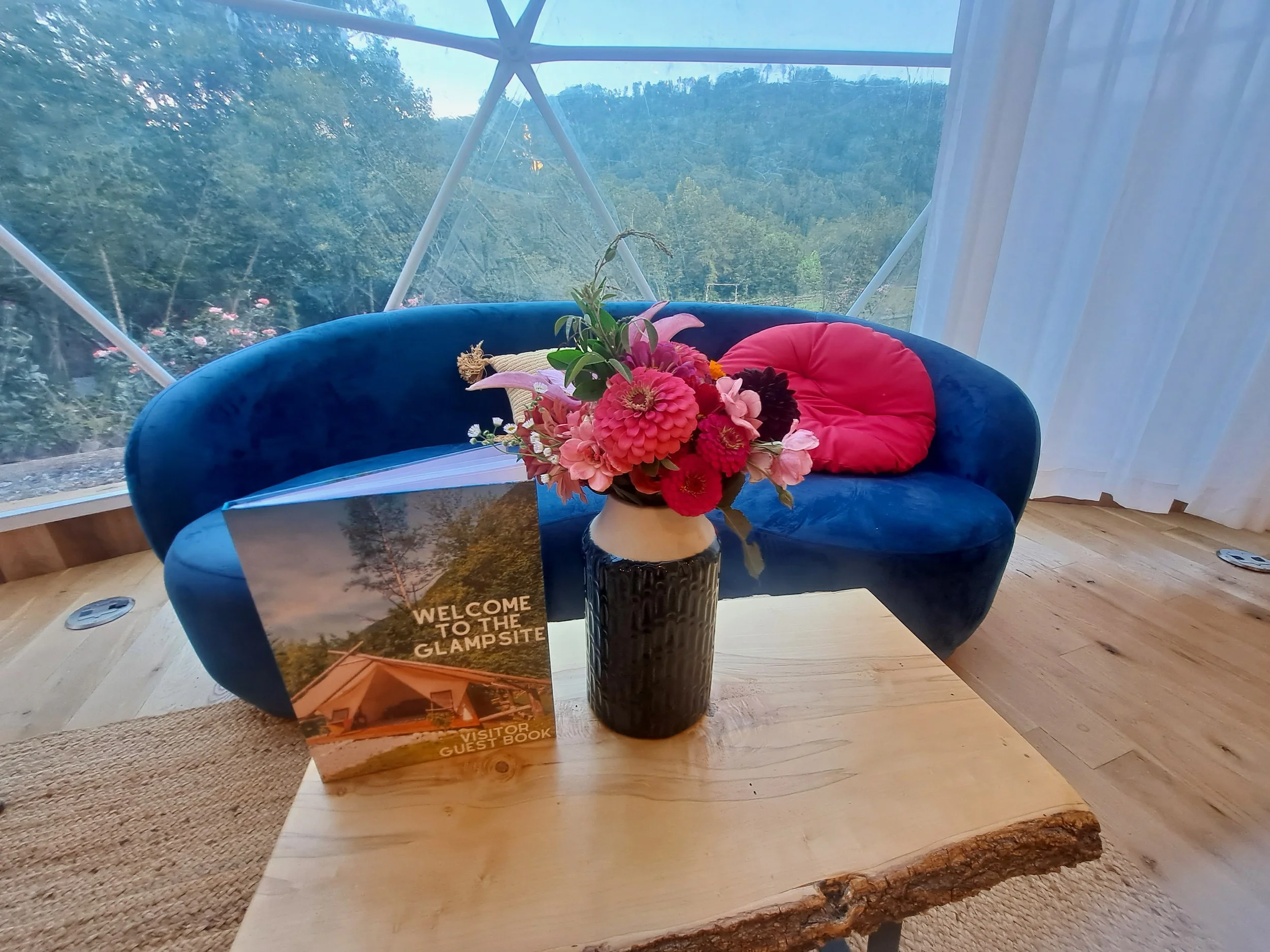 Interior of Glampsite with a blue velvet couch with a pink cushion, a wooden table with a black vase of pink flowers, and a visitor guest book. Large windows show green trees and hills outside.