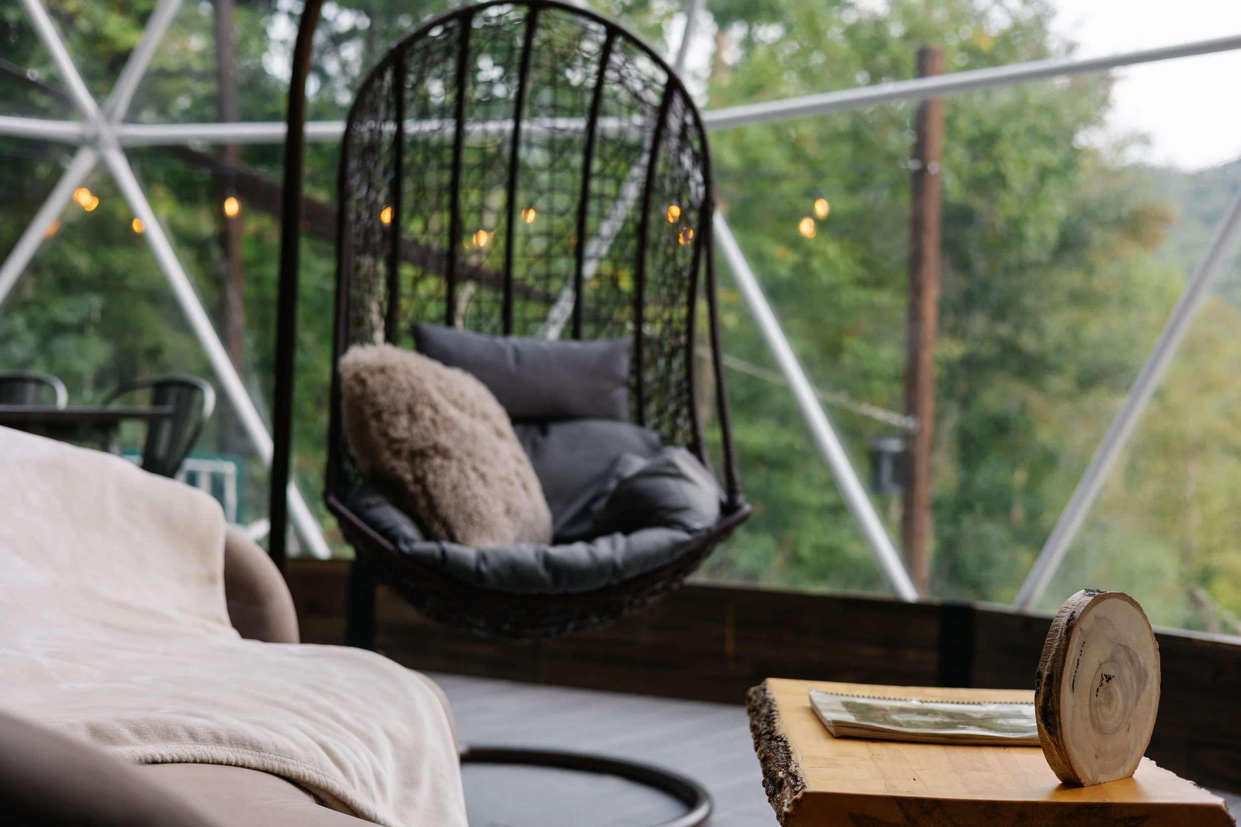 Cozy outdoor seating area with a hanging black rattan chair, beige and gray cushions, a beige couch with a throw blanket, a wooden table with a decorative wooden slice and a magazine, enclosed by a glass structure with green trees visible outside.