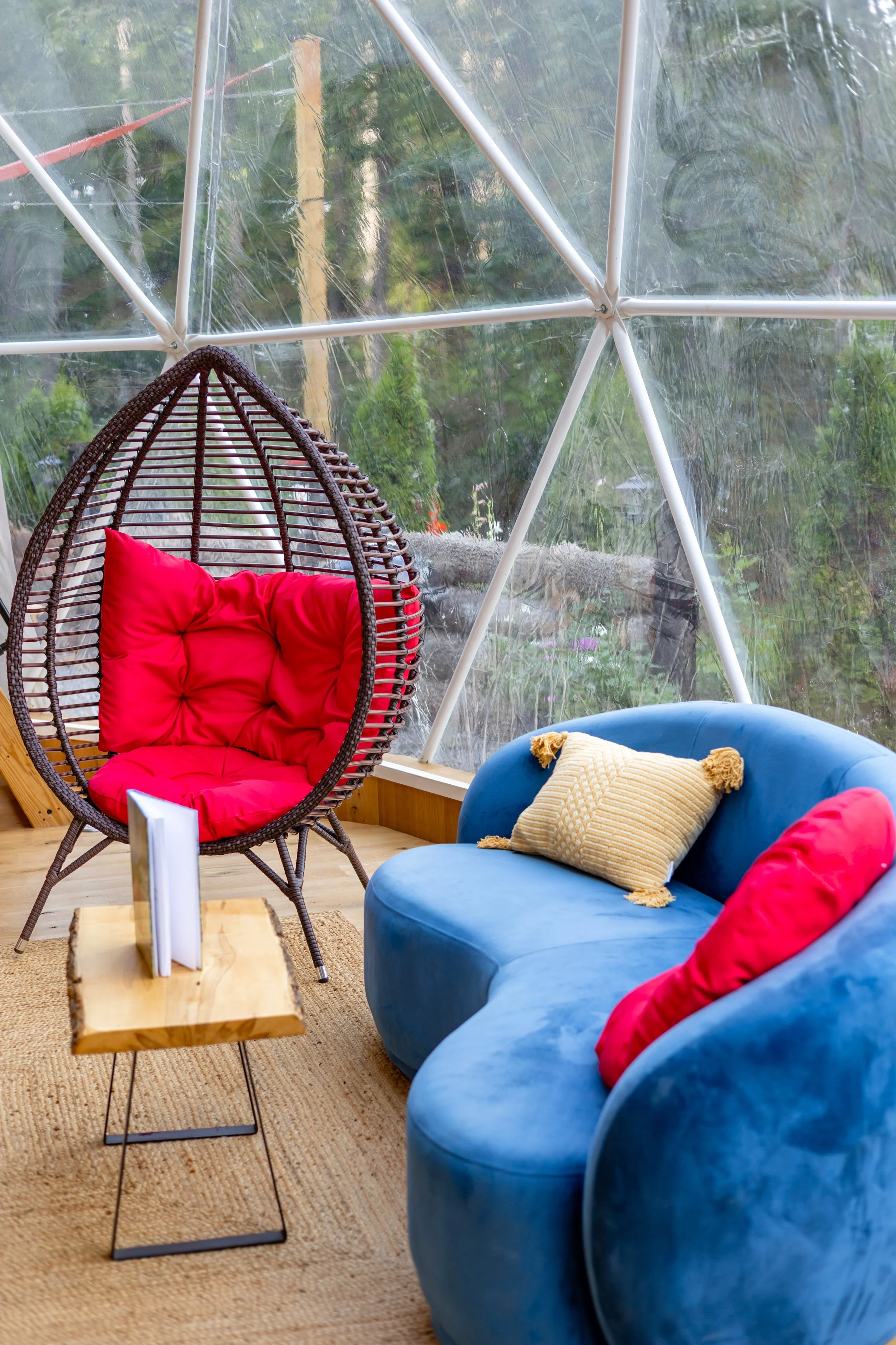 Interior of a cozy room with a large window showing greenery outside. There is a red cushioned hanging egg chair, a blue curved sofa with beige and red pillows, and a small wooden side table with a book on it. The room has a natural and inviting atmo