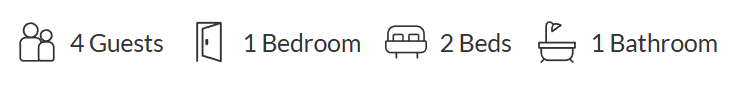 Icons indicating space for 4 guests, 1 bedroom, 2 beds, and 1 bathroom.