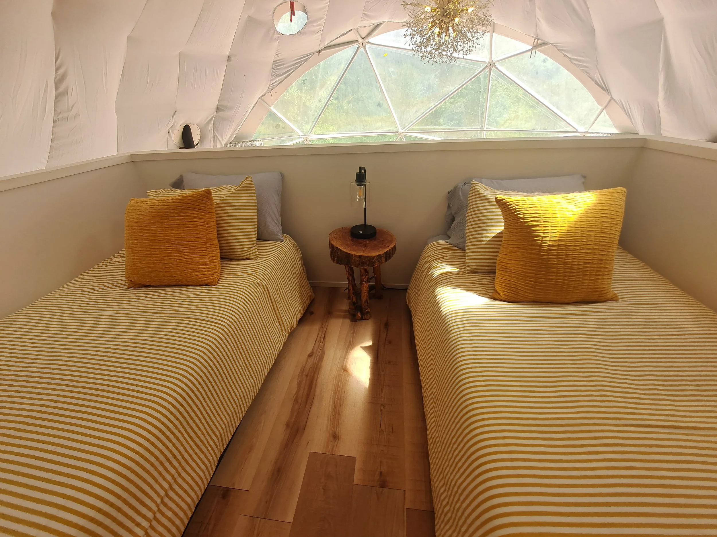 Two beds with yellow and white striped bedding and yellow pillows, a small wooden side table with a lamp, inside a cozy yurt.