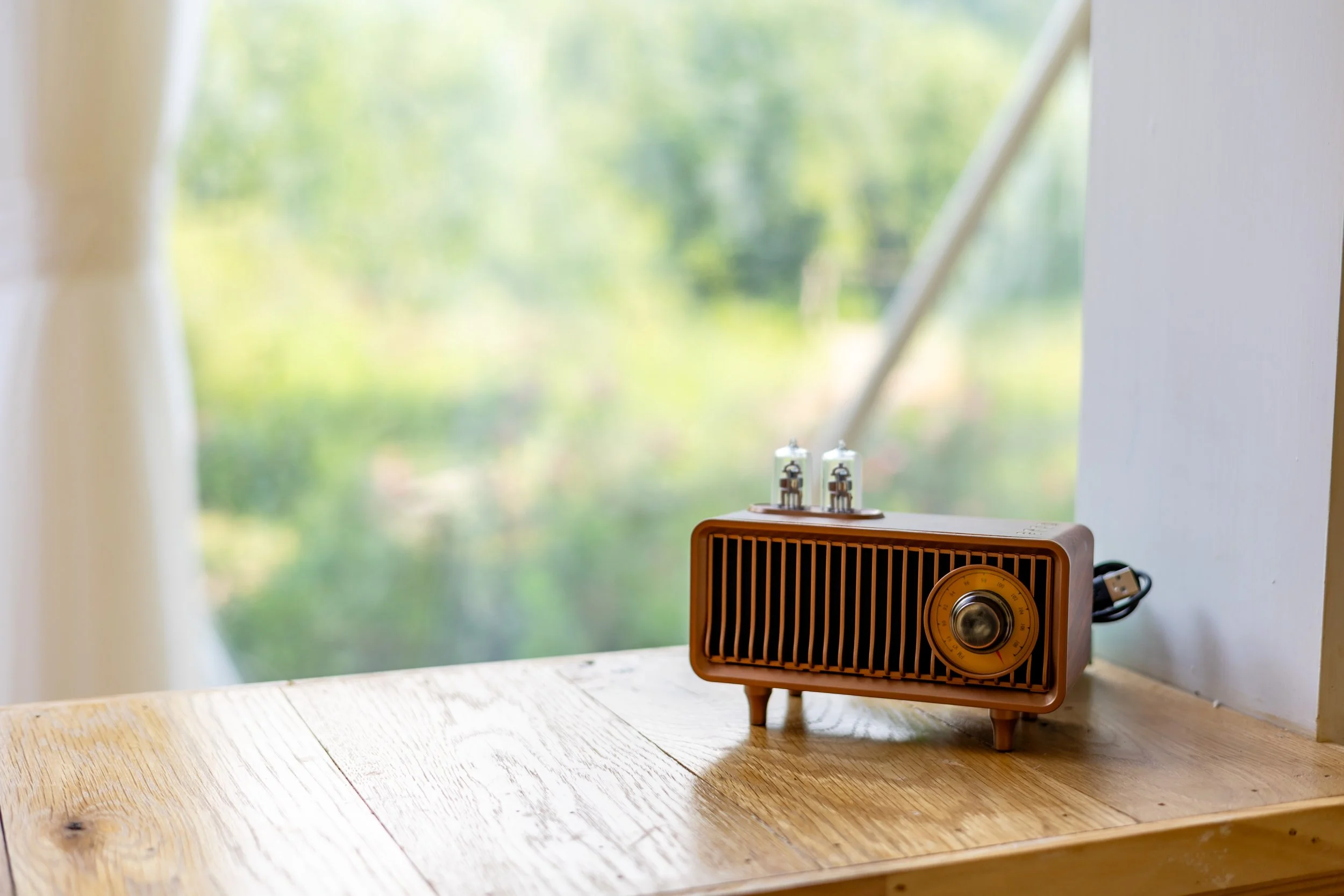 A vintage radio on a wooden surface near a window with a blurred green outdoor scene in the background.