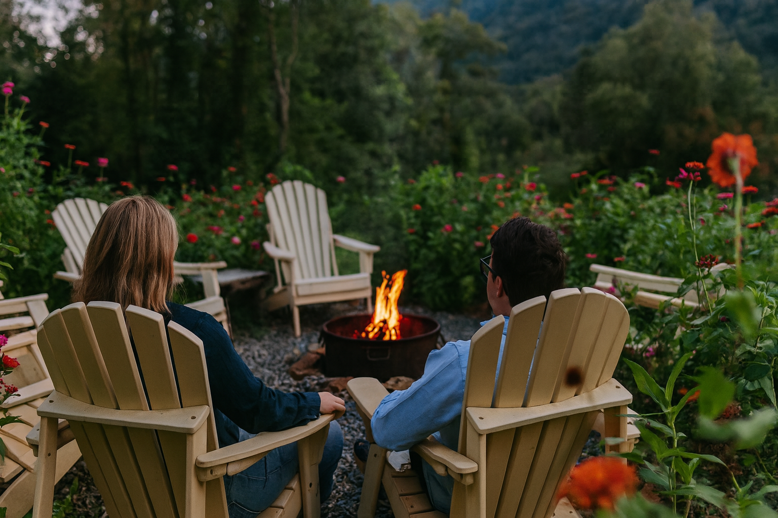 Two people sitting in outdoor chairs around a fire pit with a background of flowers and trees.