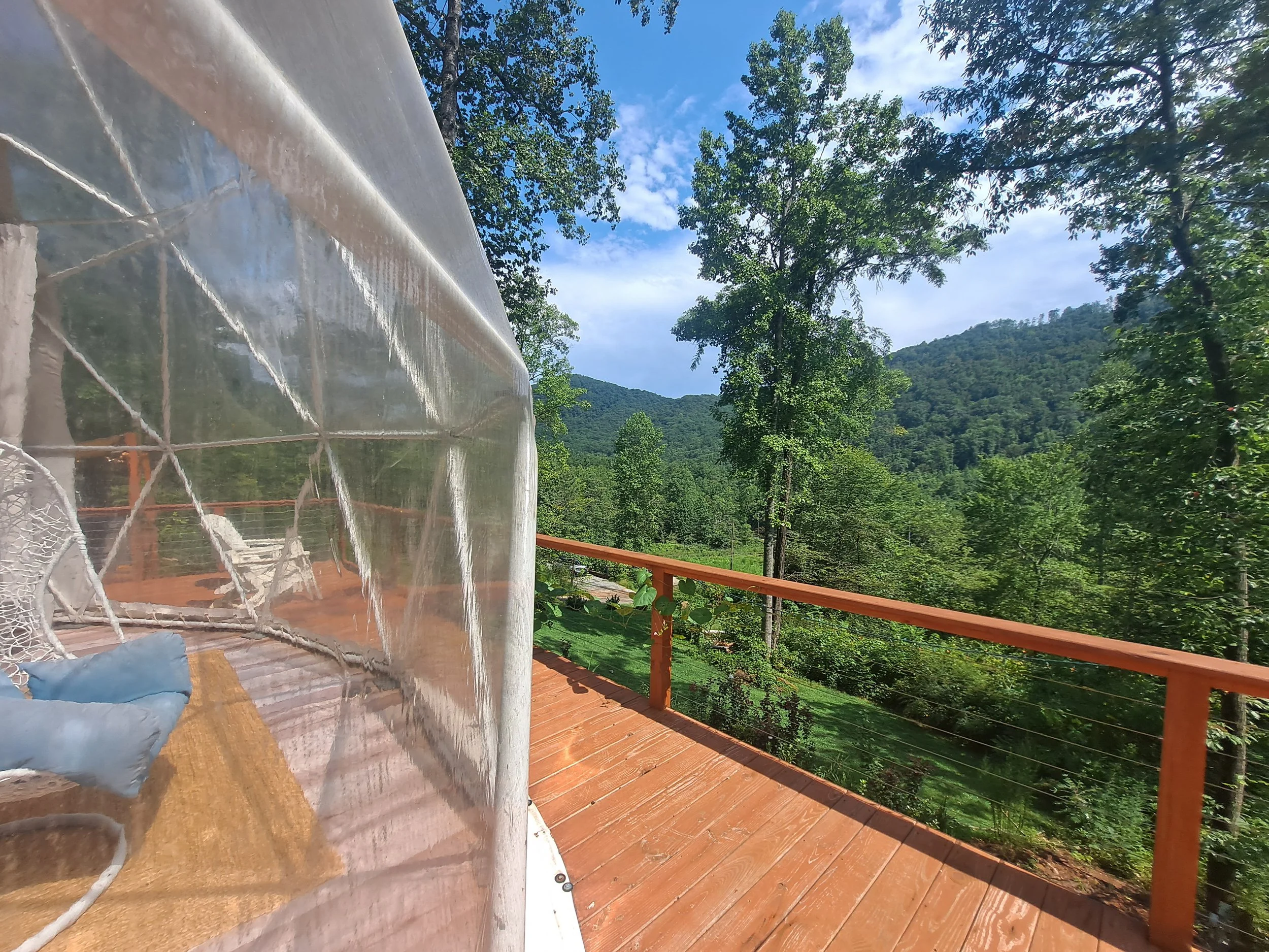 View from a deck overlooking a lush green forest with trees and hills, with a clear blue sky and some clouds.
